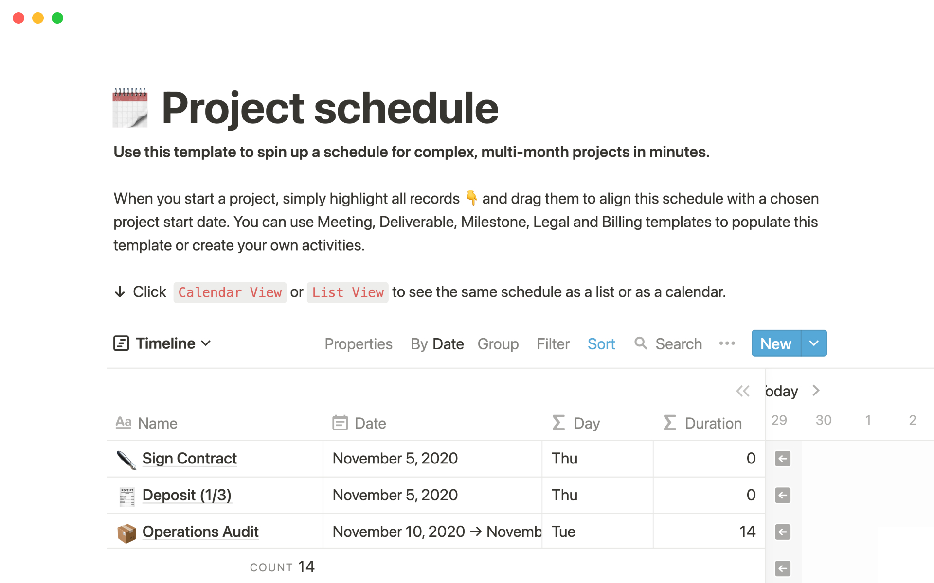 A template preview for Project schedule