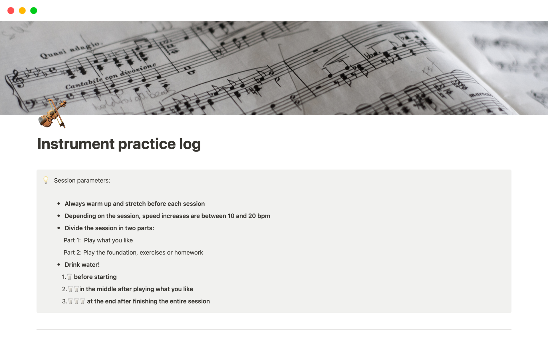 A template preview for Musical Instrument practice log
