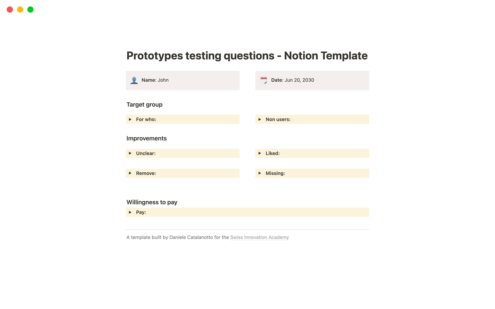 A template preview for Prototypes testing questions