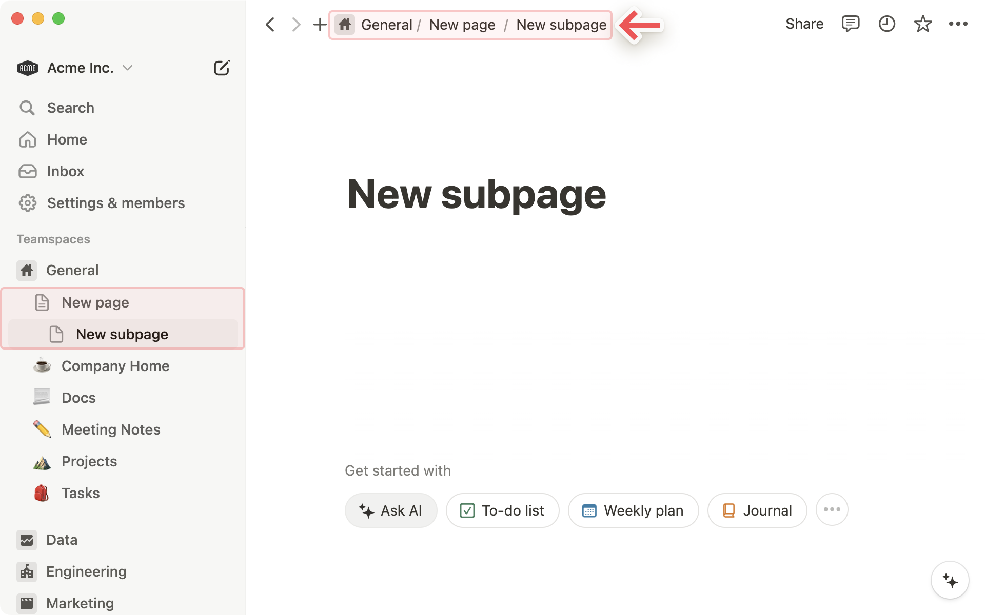 Subpage sidebar breadcrumb