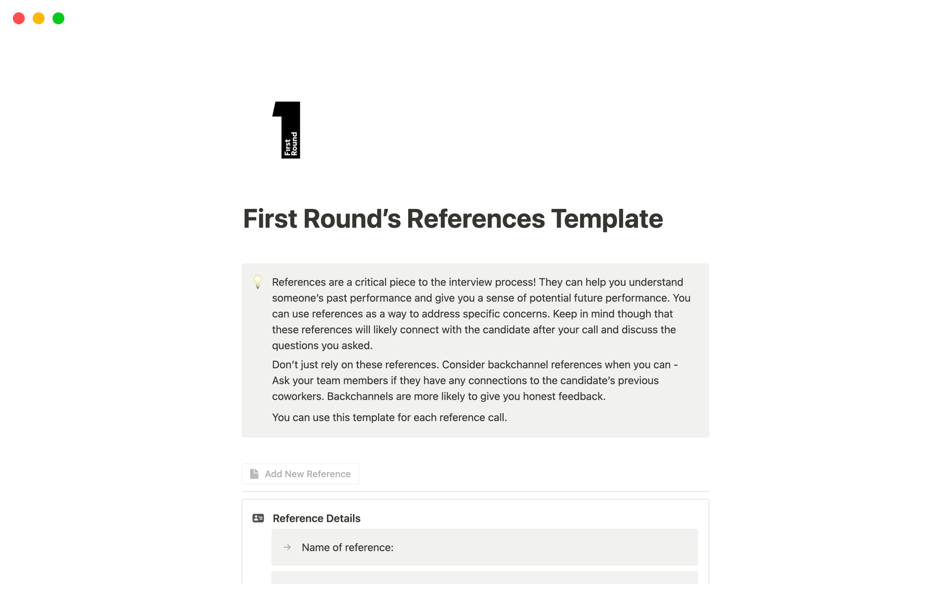 A template preview for References