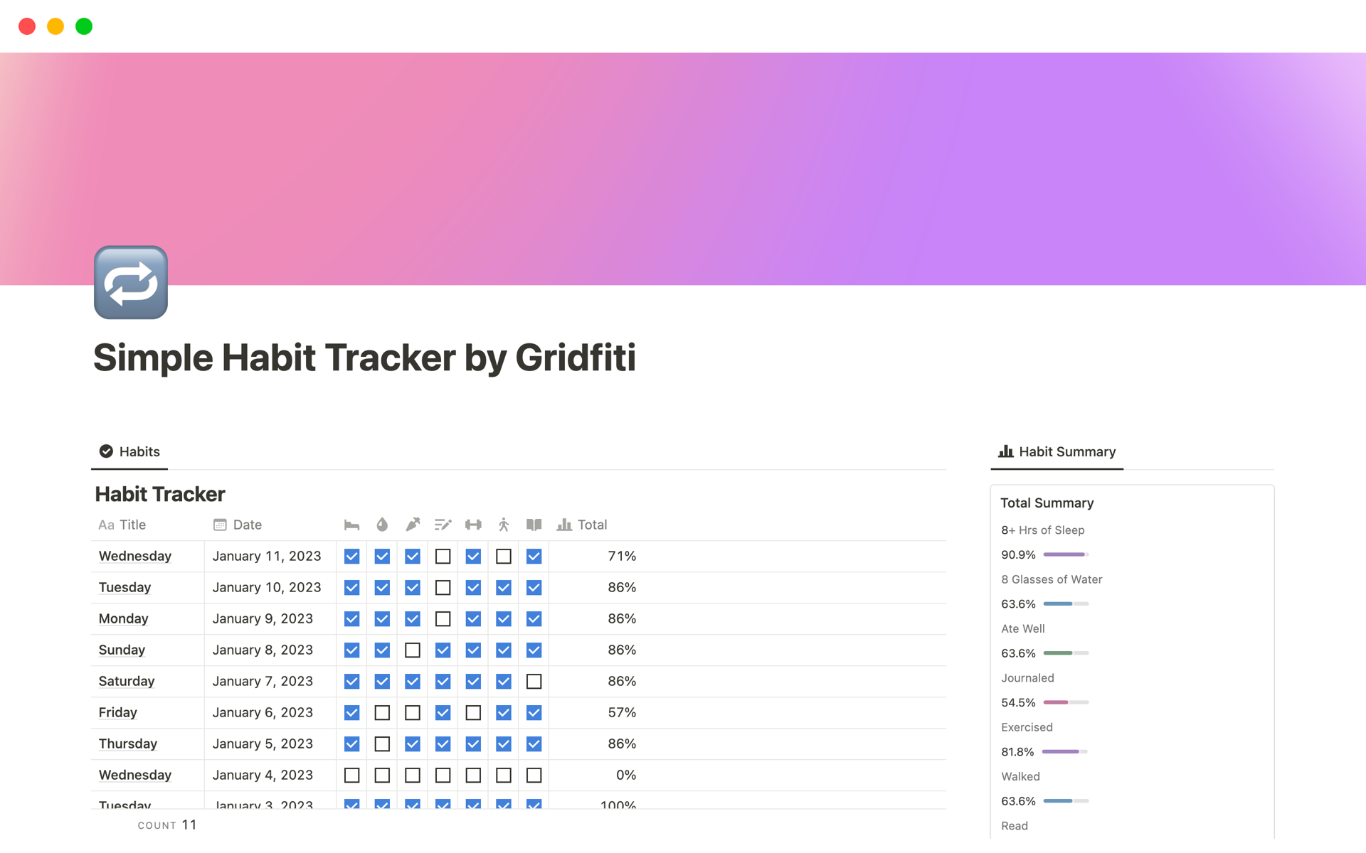 A template preview for Simple Habit Tracker by Gridfiti