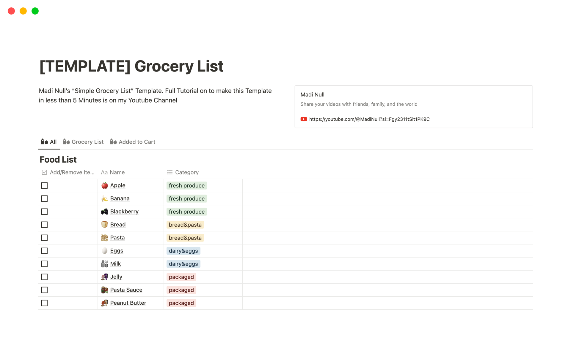 A template preview for Simple Grocery List
