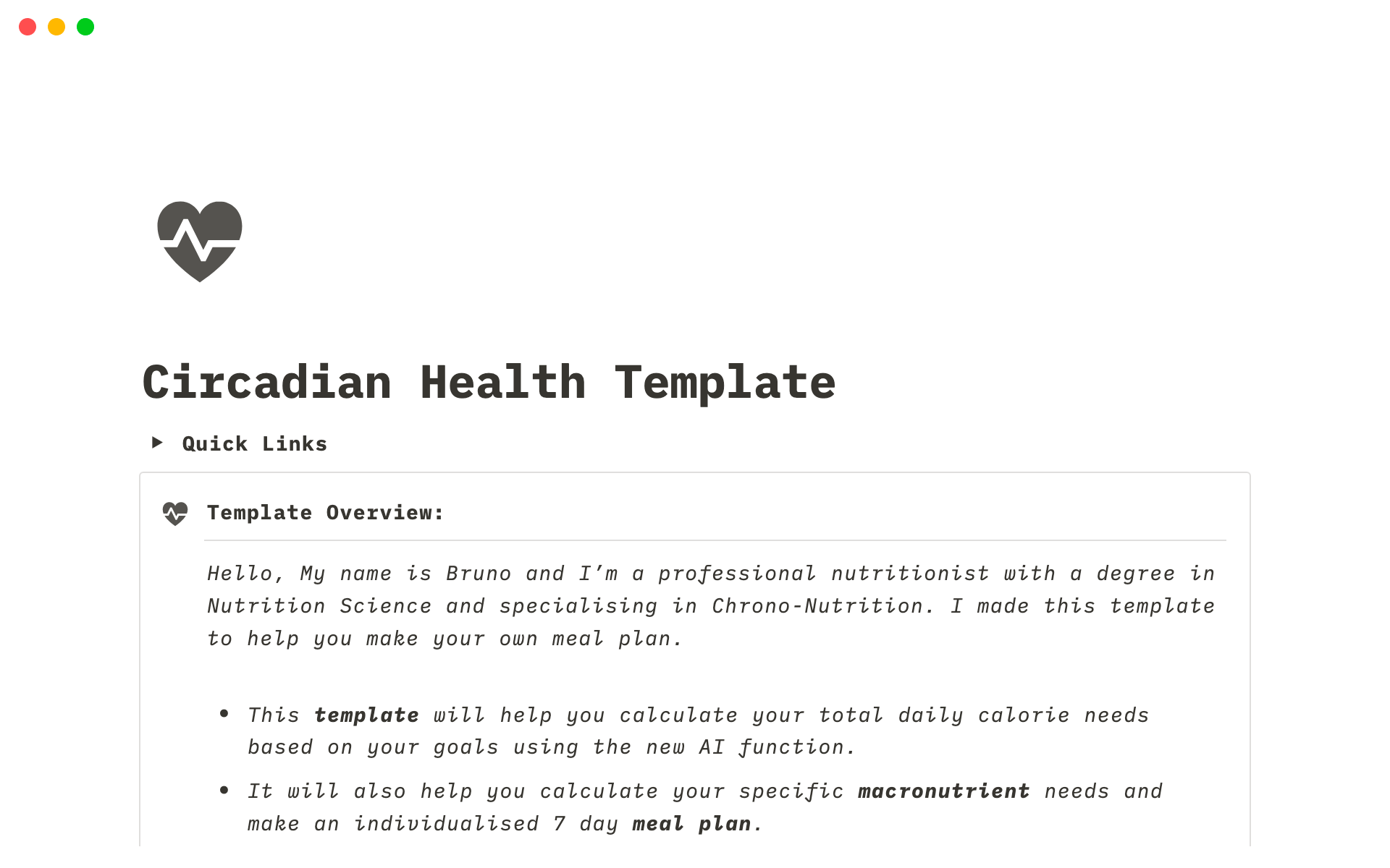 A template preview for Circadian Health