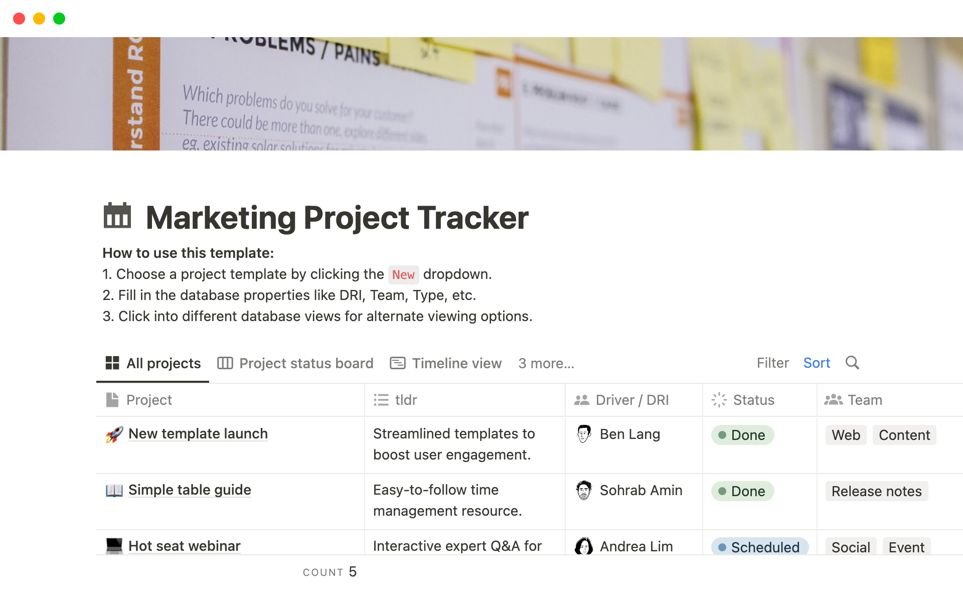 Marketing project tracker screenshot on Notion