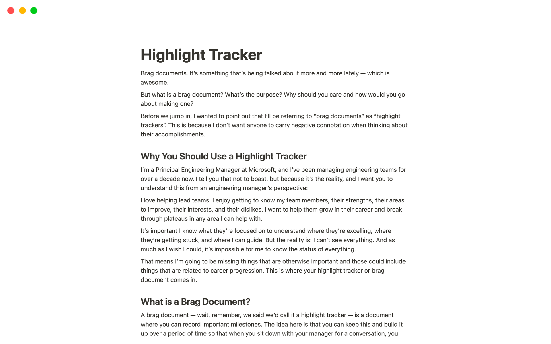A template preview for Brag Document / Highlight Tracker
