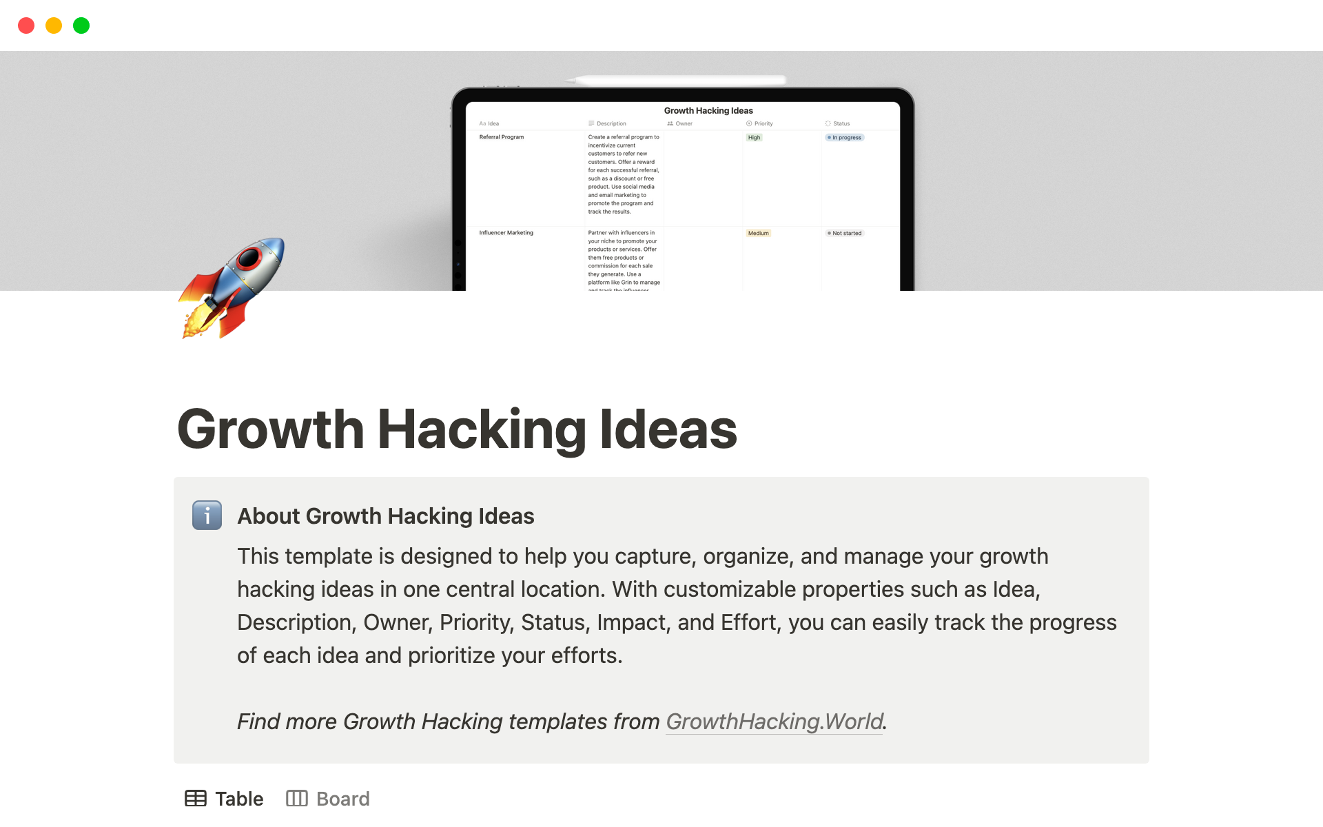 The Growth Hacking Ideas Notion template helps you capture, organize, and manage your growth hacking ideas in one central location.