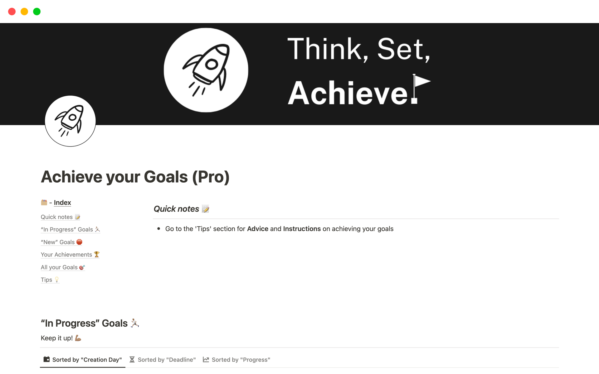 A template preview for Achieve your Goals (Pro)