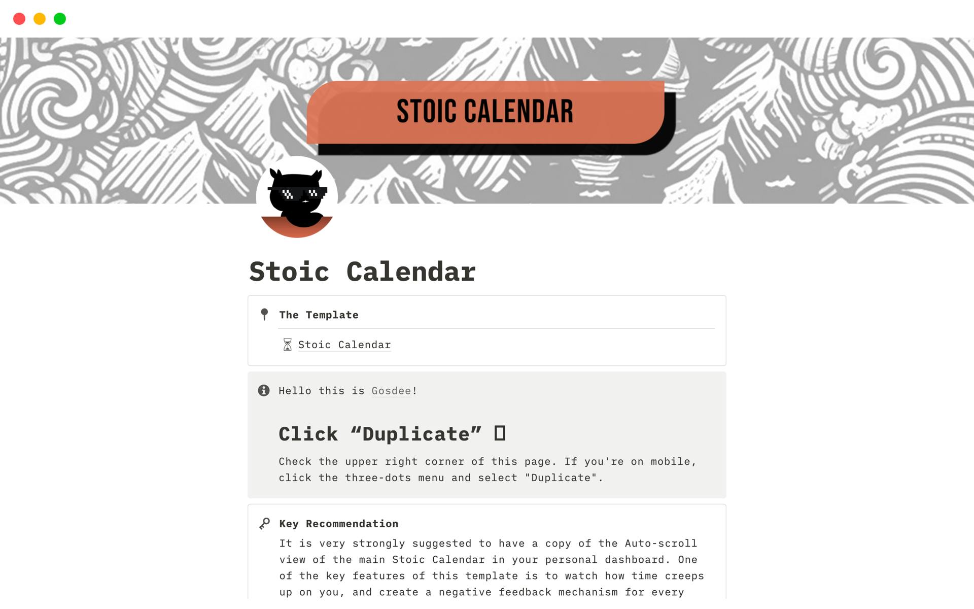 A template preview for Stoic Calendar