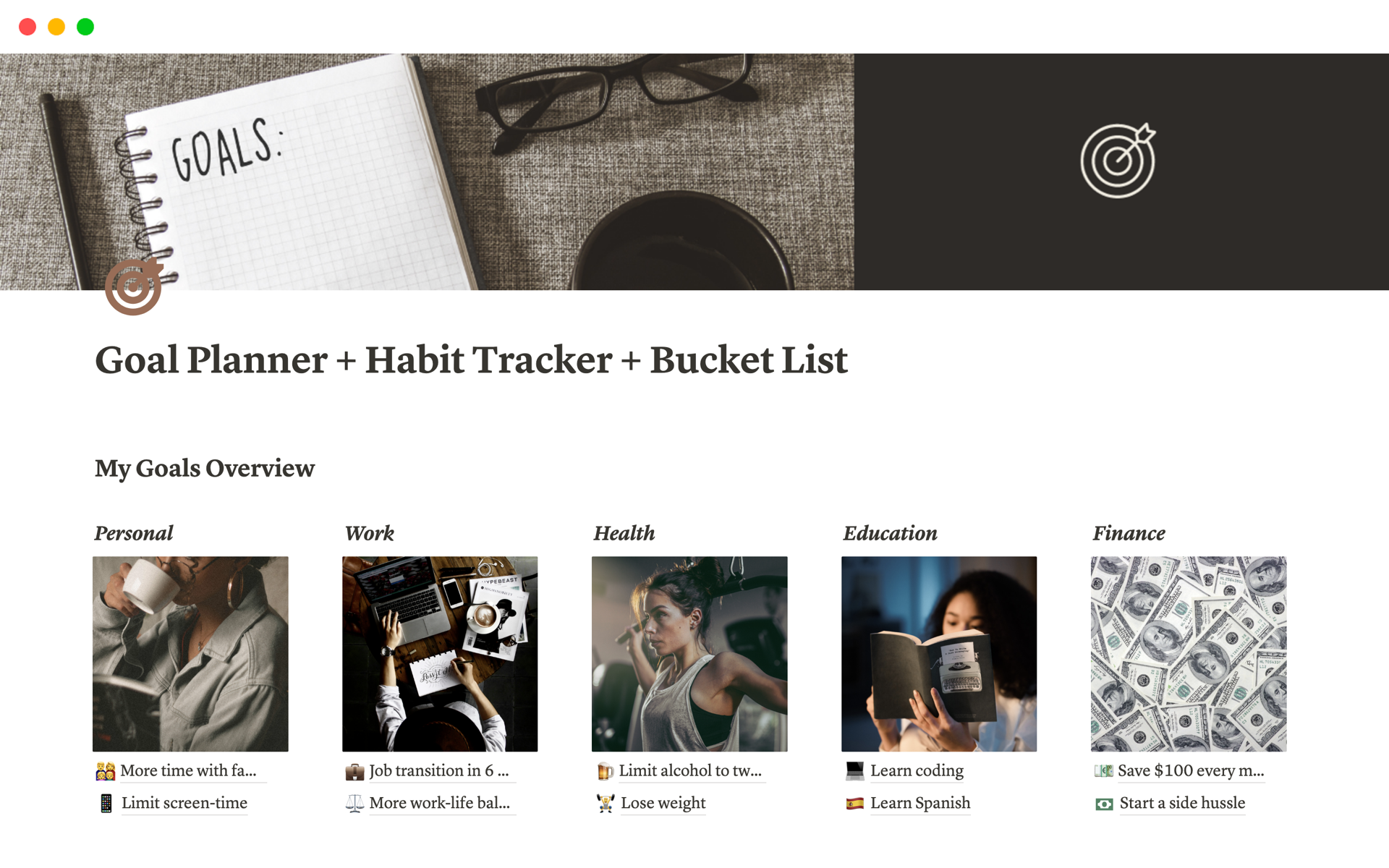 Goal Planner + Habit Tracker + Bucket List Notion Template