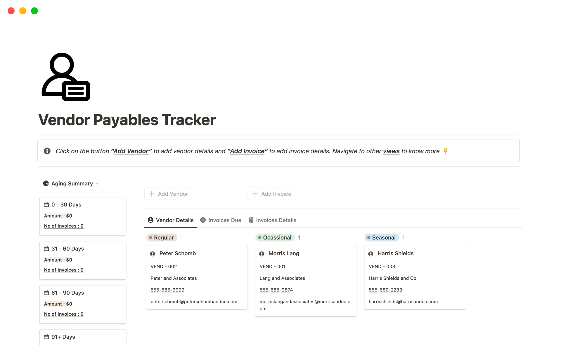 A template preview for Vendor Payables Tracker