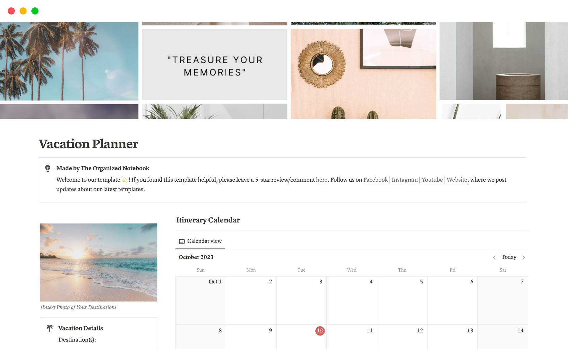 A template preview for Vacation Planner