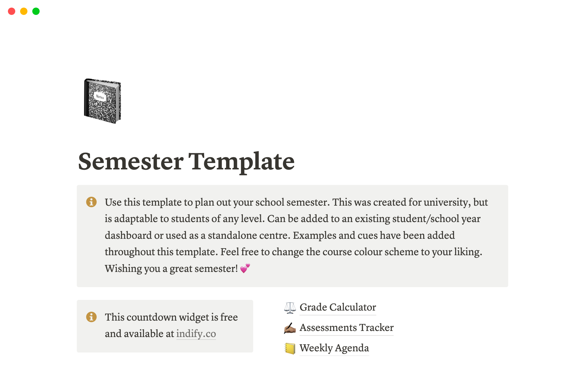A template preview for Study Semester Template - Week Focused, Course Based