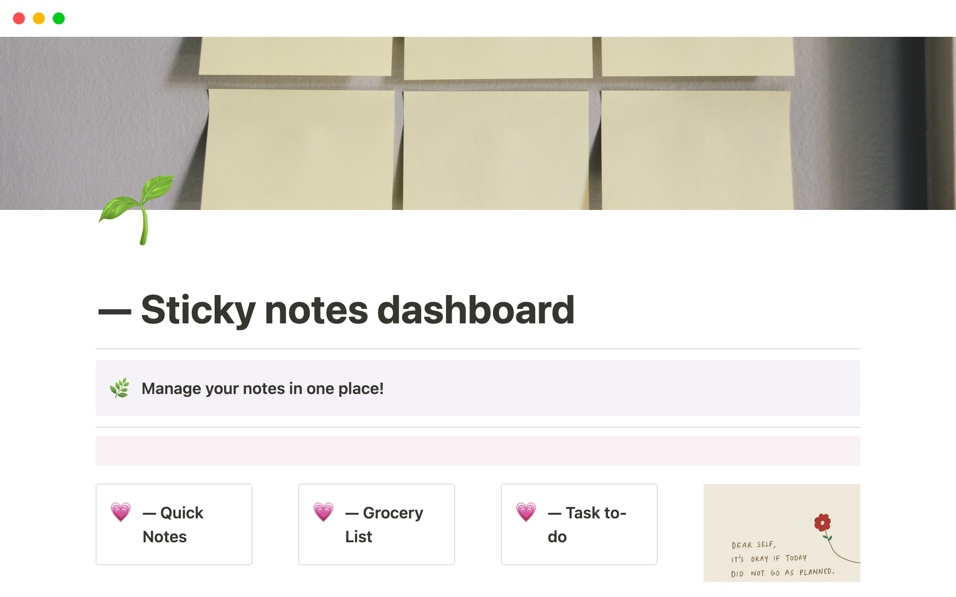 Eine Vorlagenvorschau für Sticky Notes Dashboard