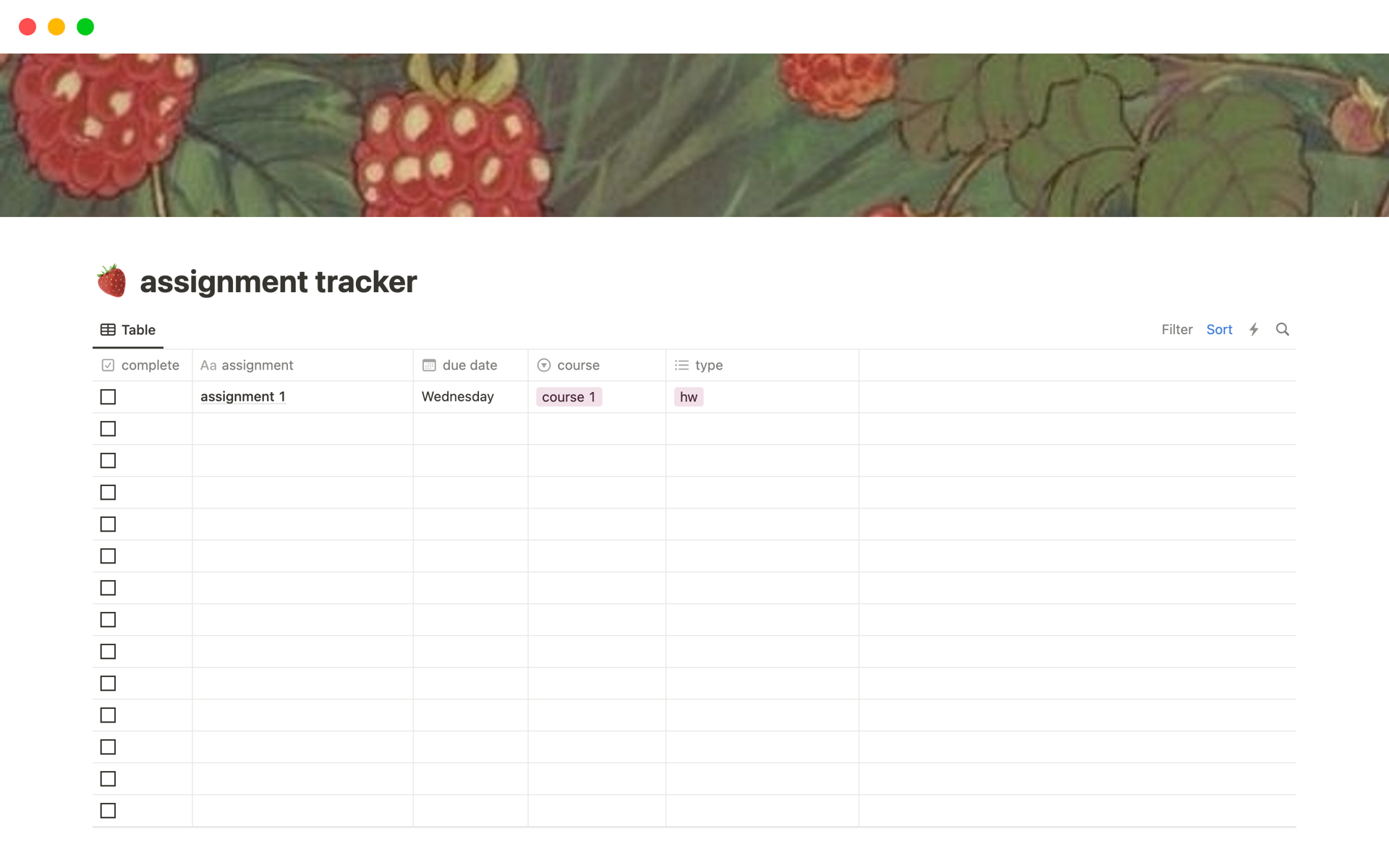 A template preview for berry sweet assignment tracker