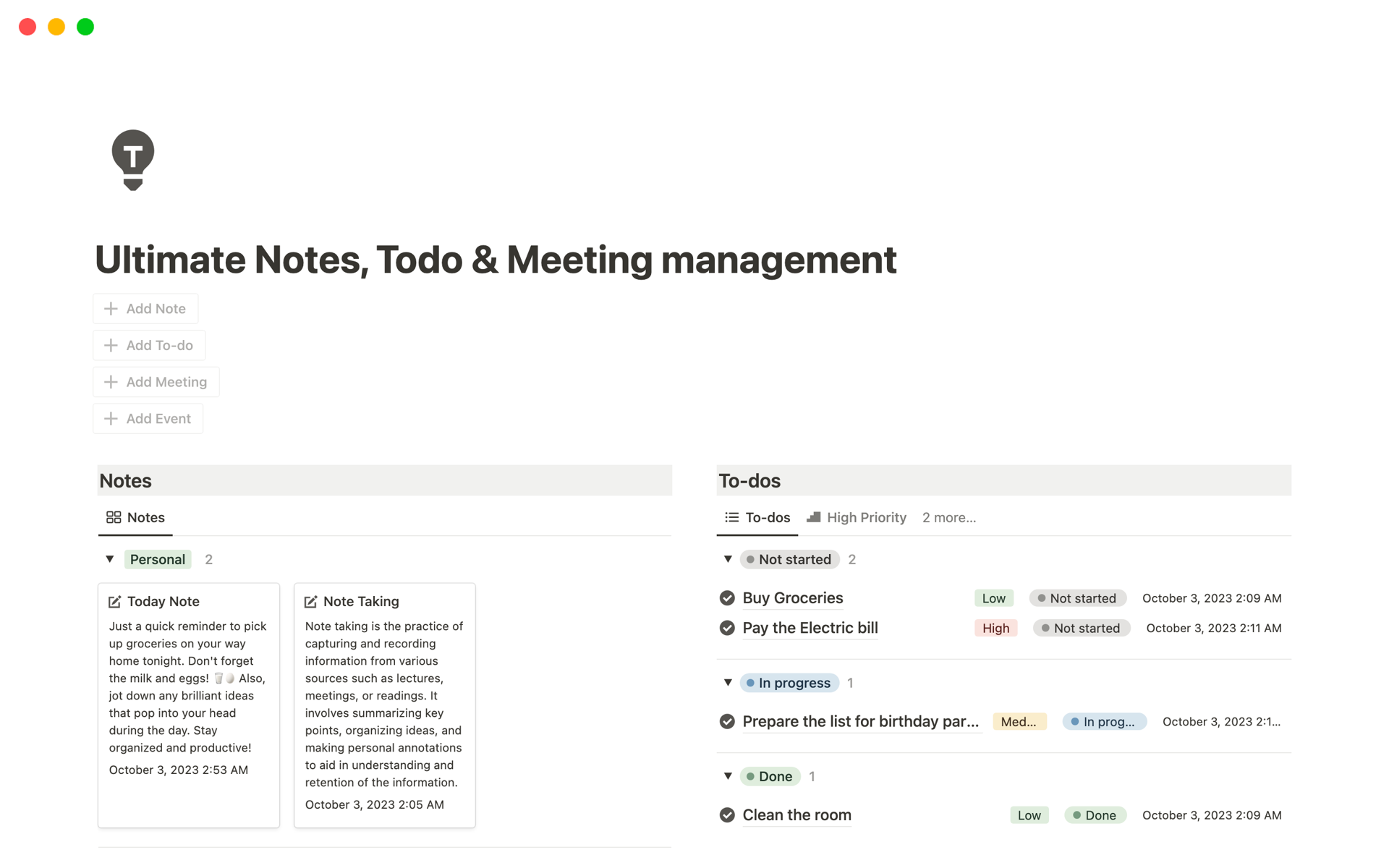 A template preview for Ultimate Notes, Todo & Meeting management