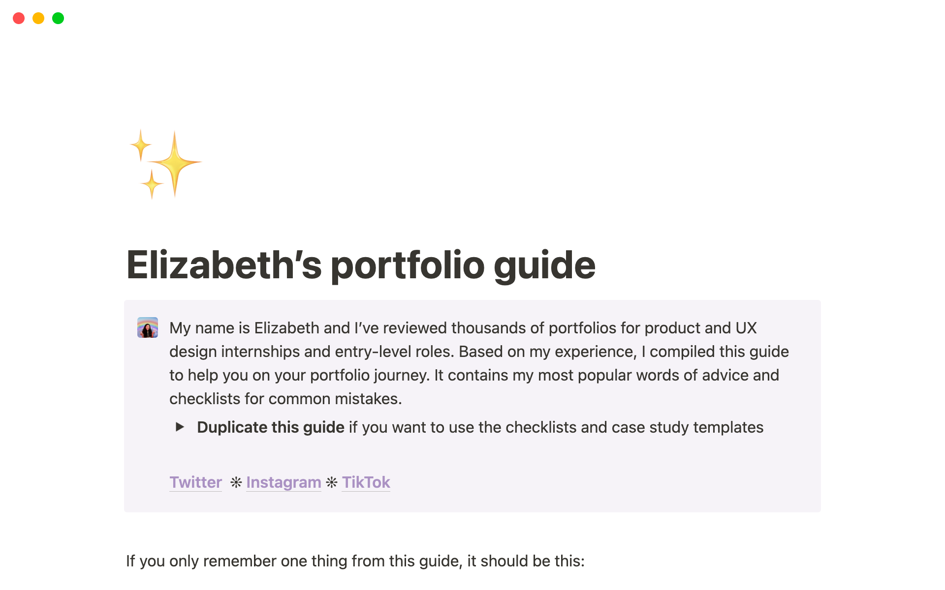A template preview for Elizabeth's portfolio guide