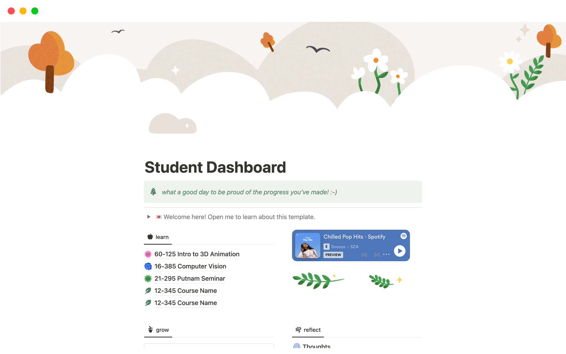 A template preview for Student Life Garden Dashboard