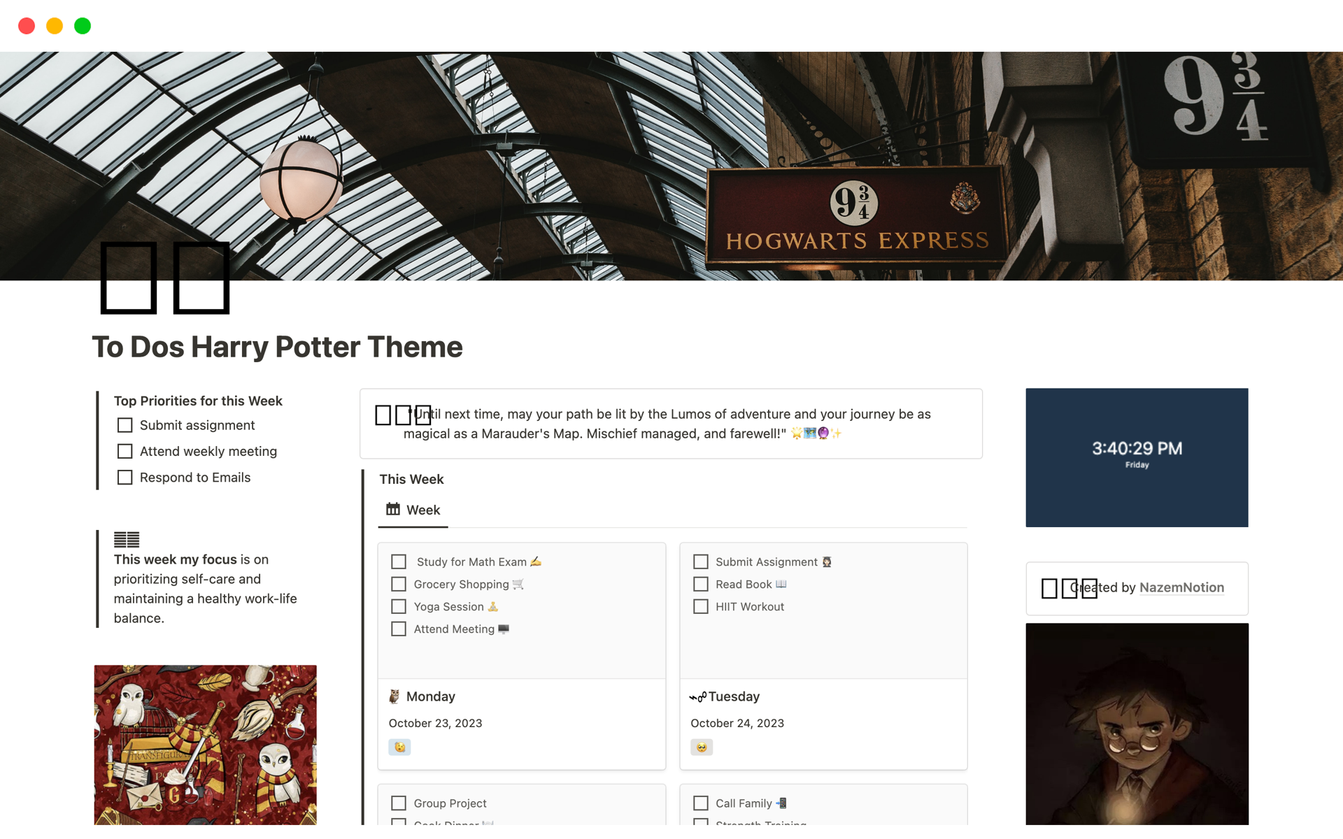 A template preview for To Dos Harry Potter Theme