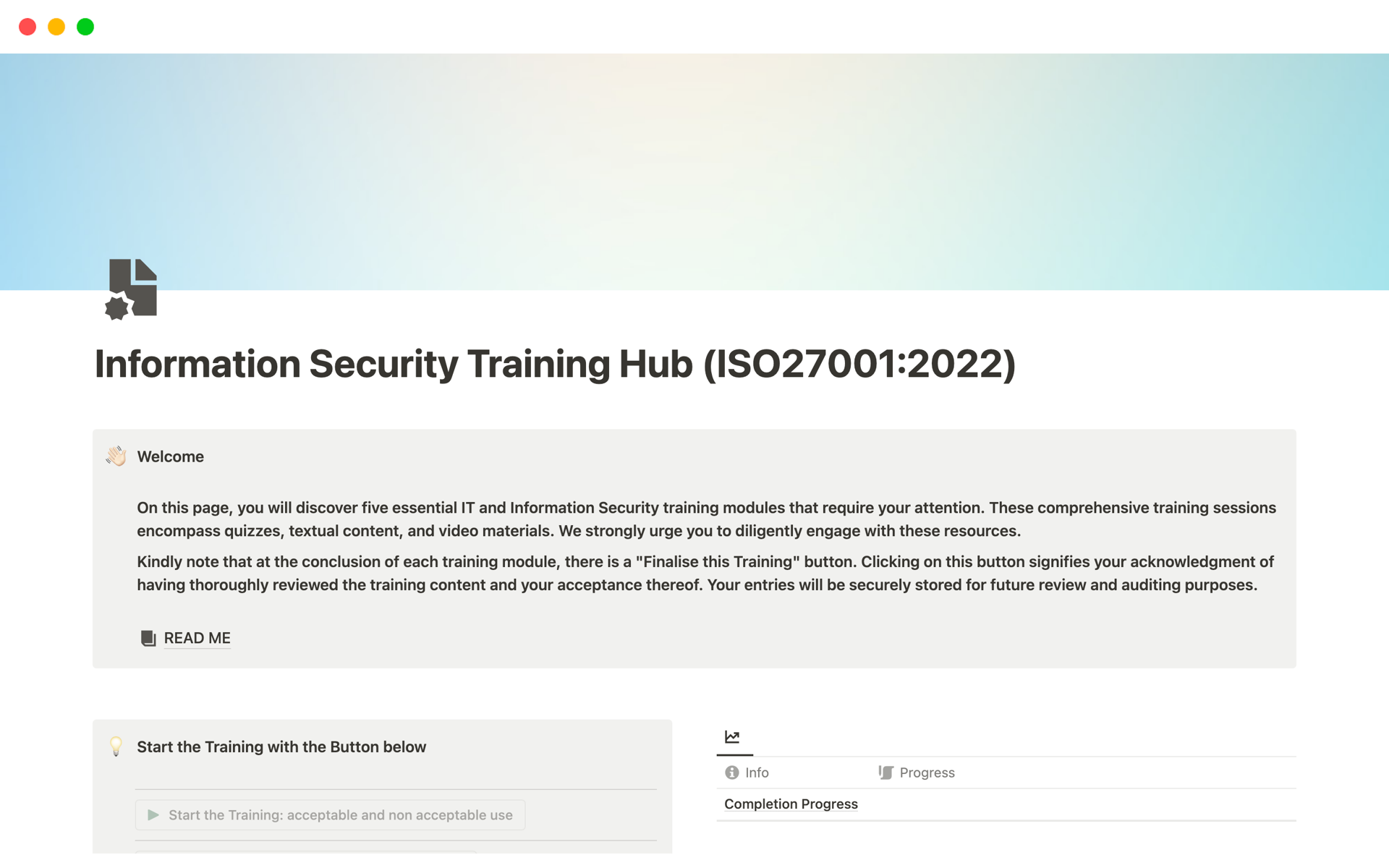 A template preview for Information Security Training Hub (ISO27001:2022)
