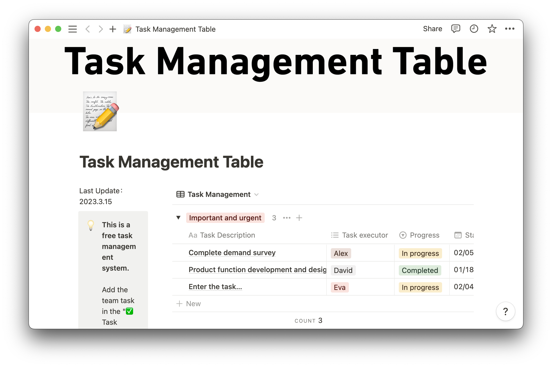 task management table checklist