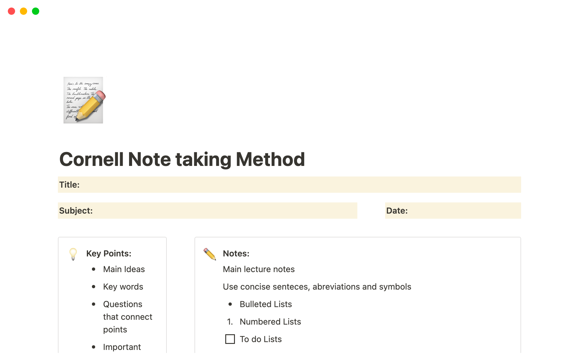 A template preview for Cornell Note Taking Method