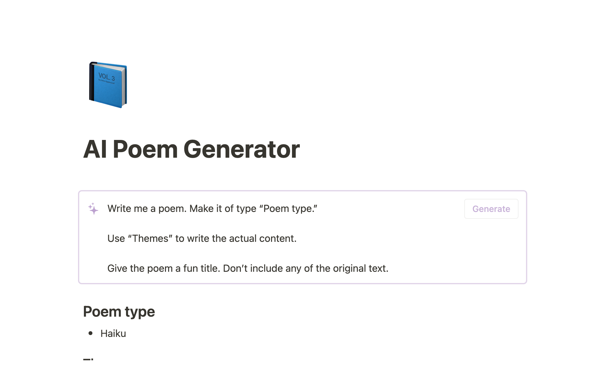 A template preview for AI Poem Generator