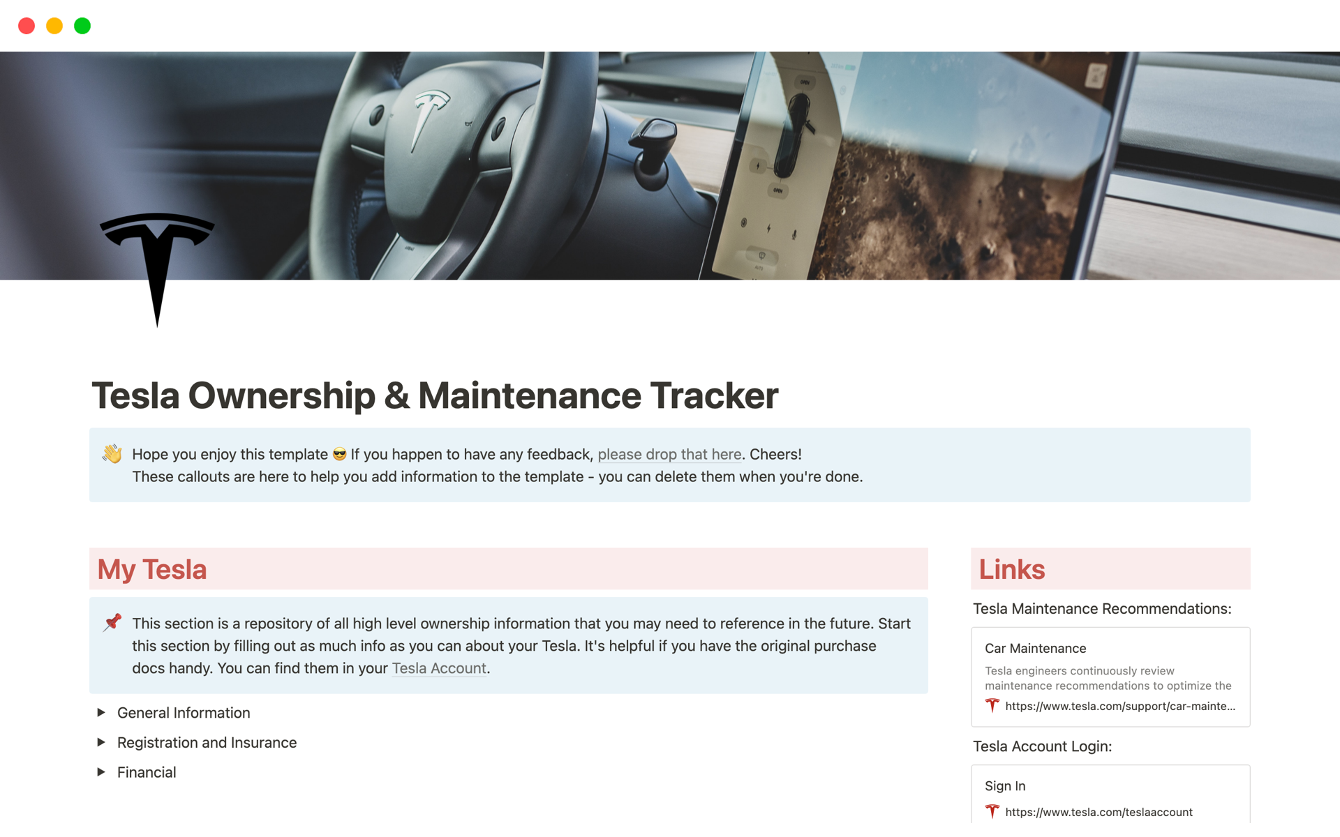 A template preview for Tesla Ownership & Maintenance Tracker