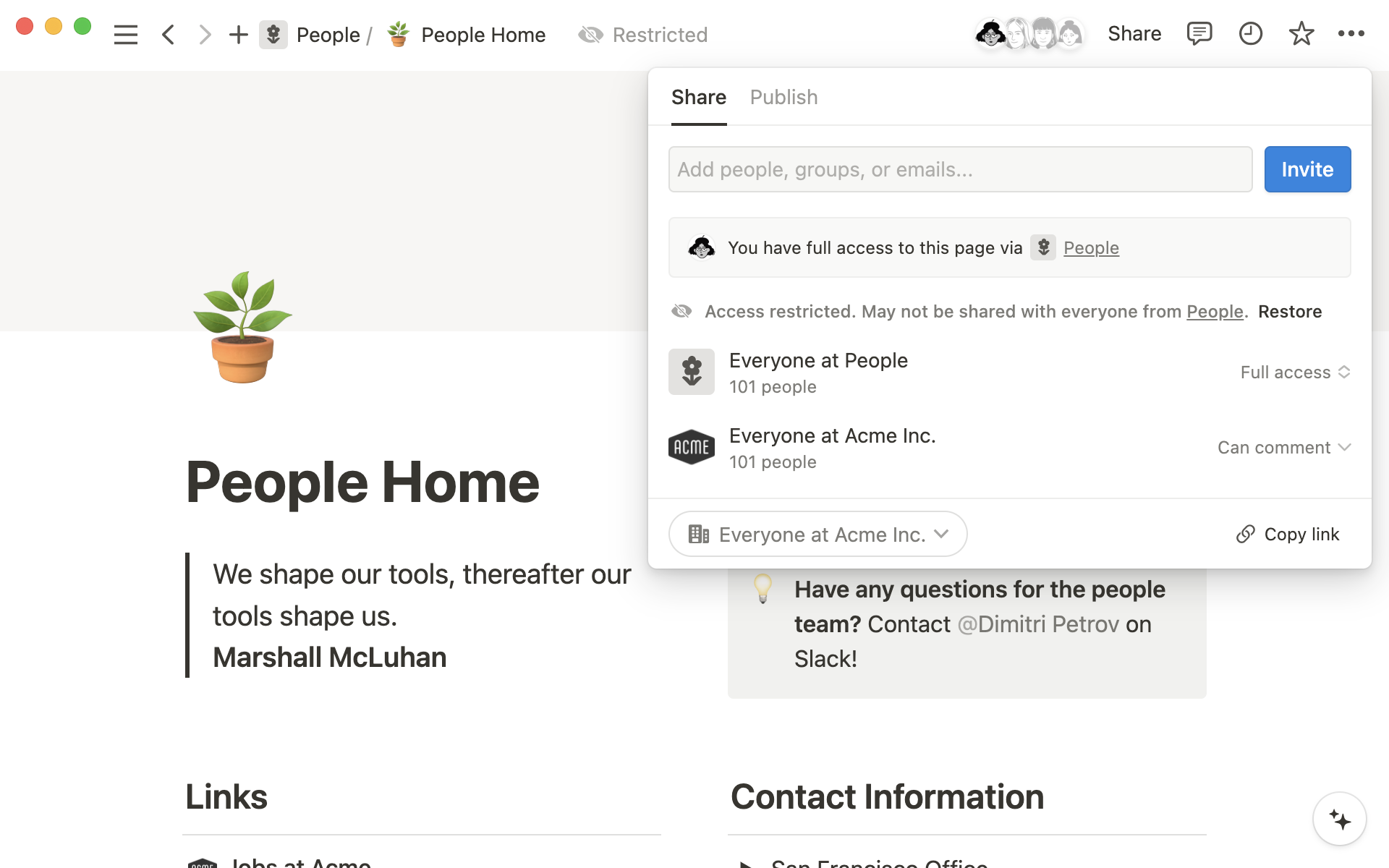 Notice here how the whole company can view this page, but only HR can edit it.
