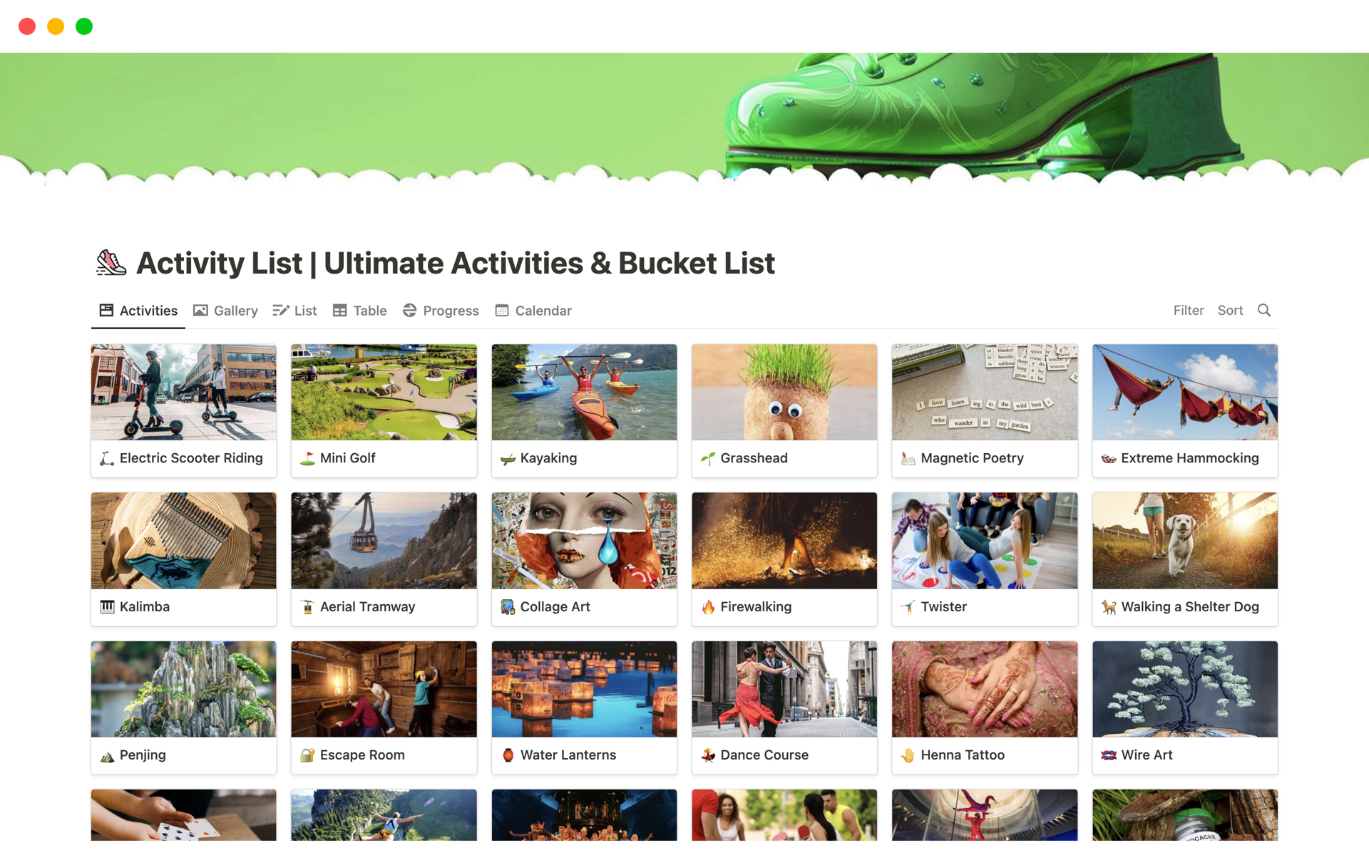 A template preview for Activity List | The Ultimate Bucket List