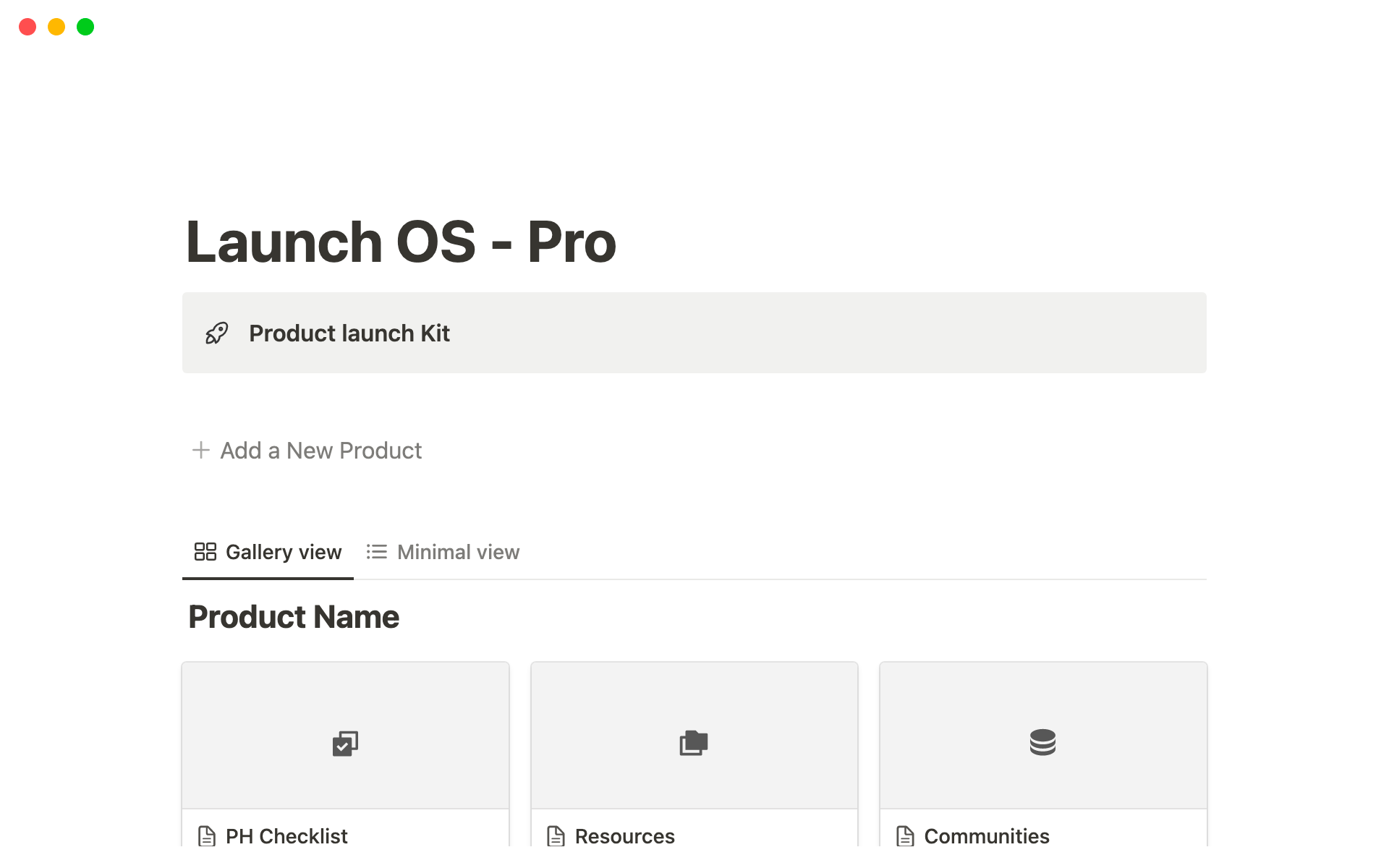 A template preview for Product launch OS