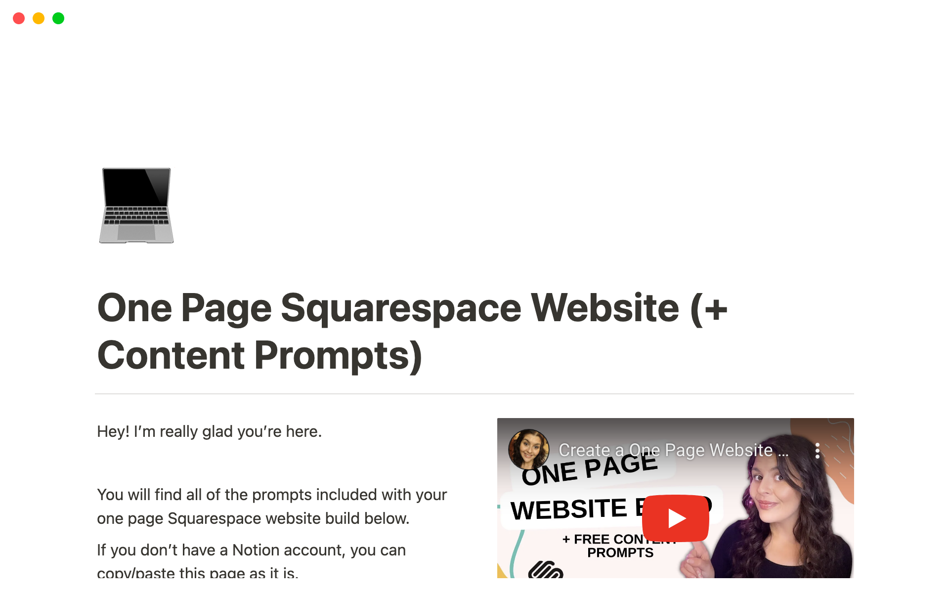 A template preview for One Page Squarespace Website (+ Content Prompts)