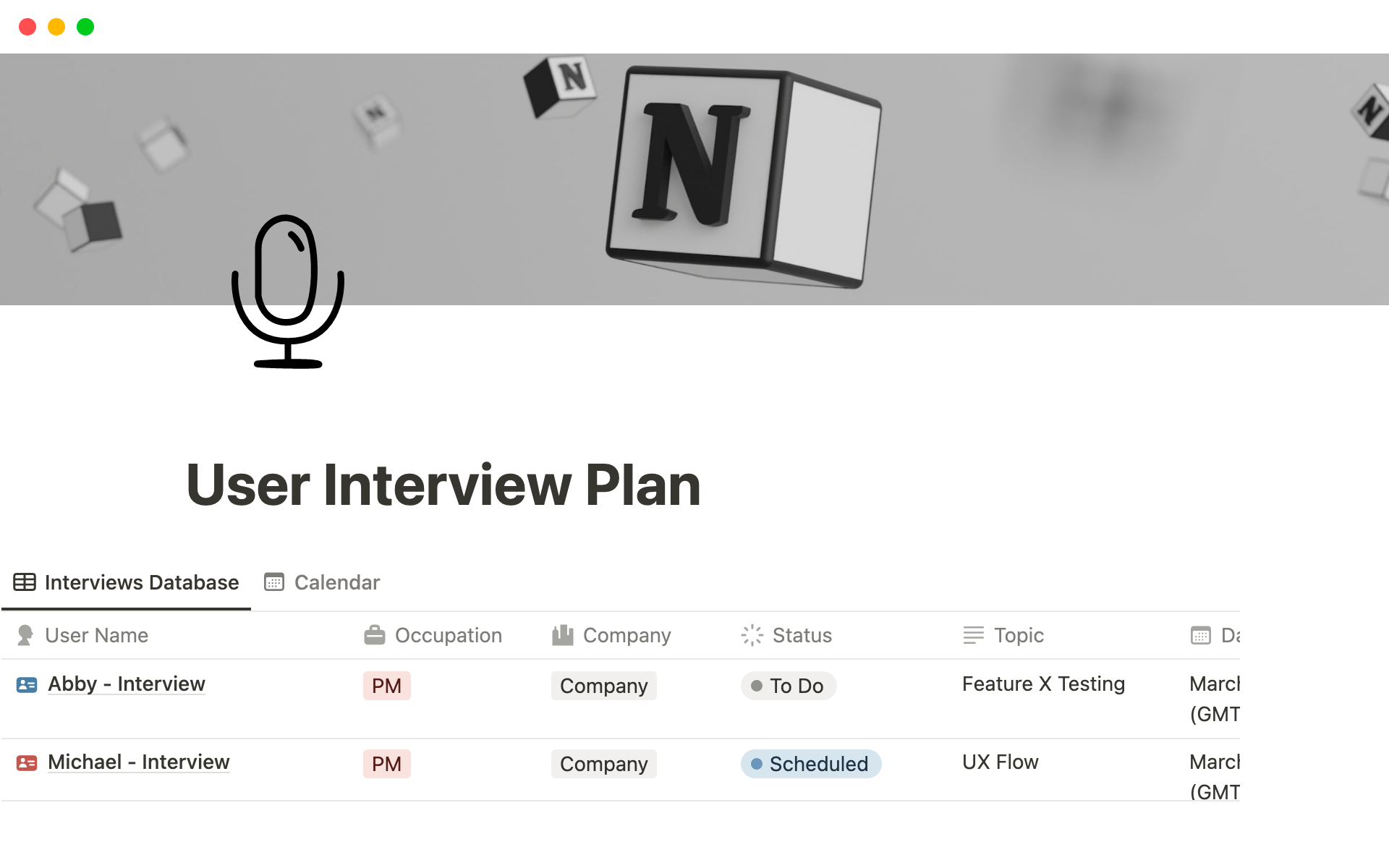 User Interview Planのテンプレートのプレビュー