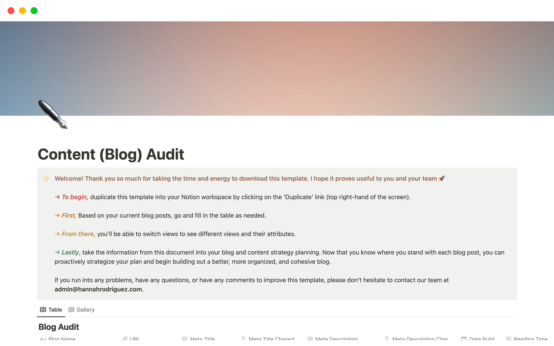 A template preview for Content (Blog) Audit