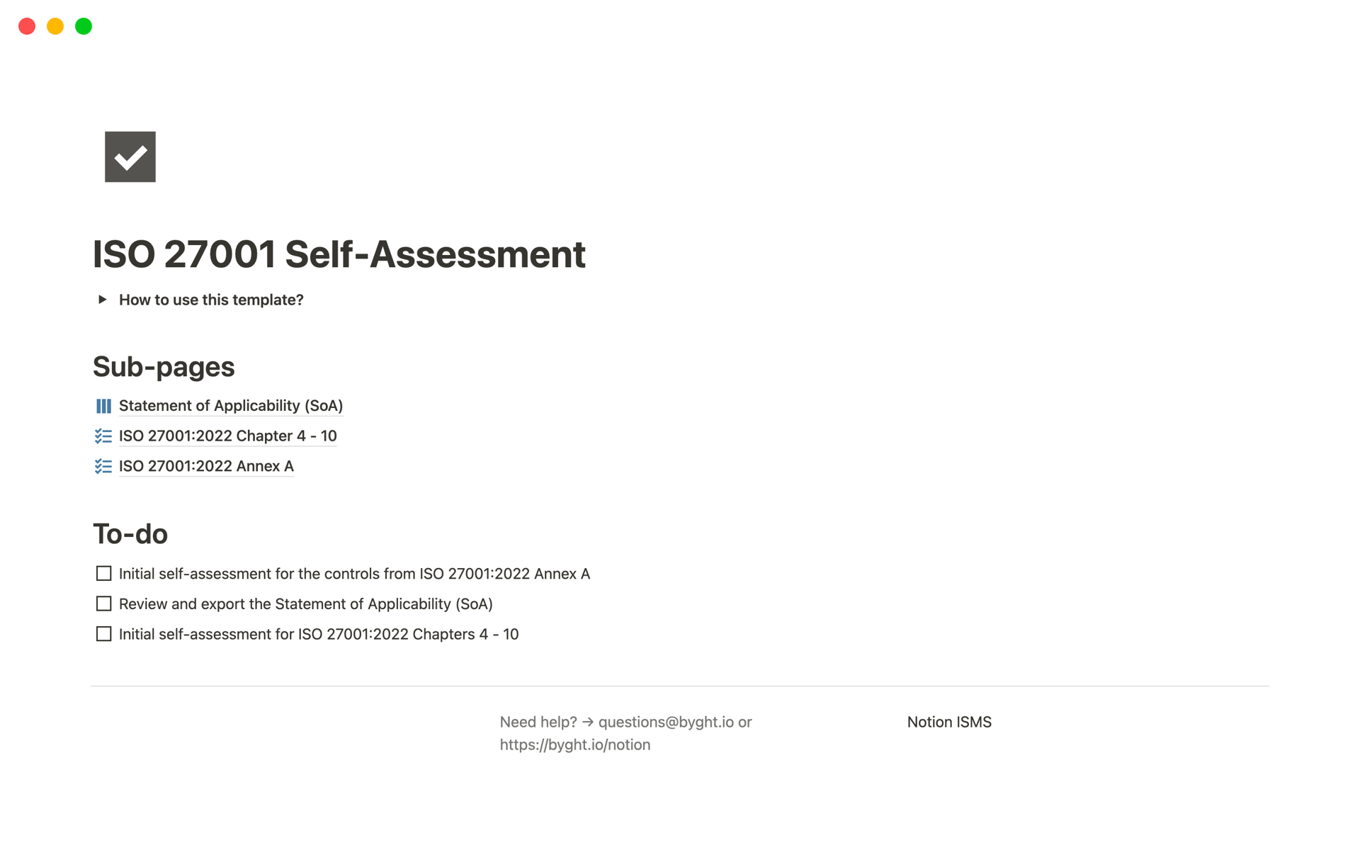 A template preview for ISO 27001 Self-Assessment