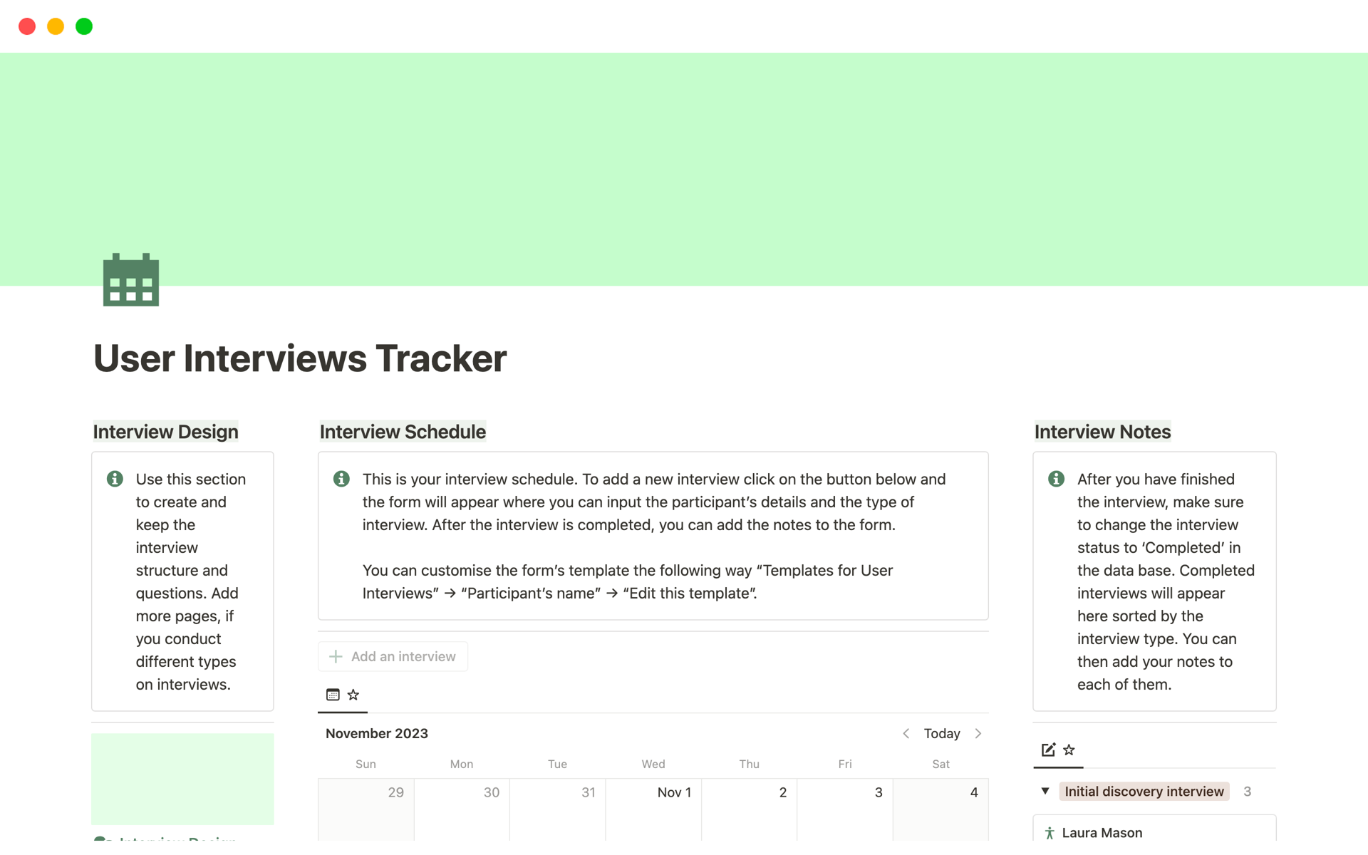 A template preview for User Interviews Tracker