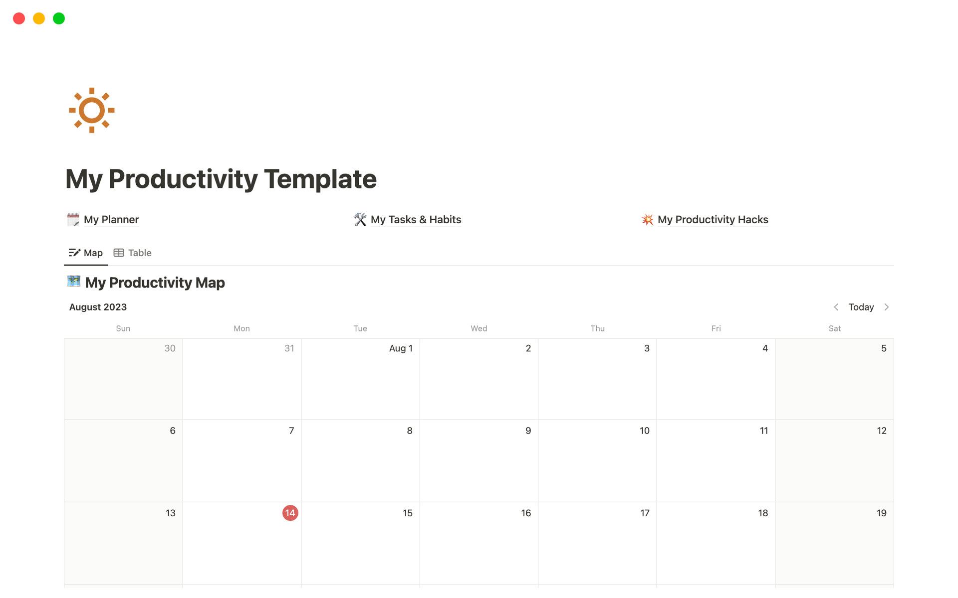 A template preview for My Productivity Template 