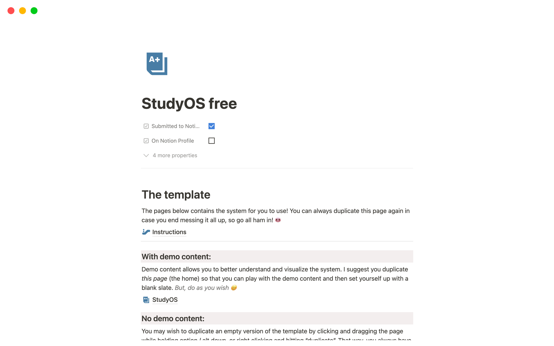 A template preview for StudyOS free
