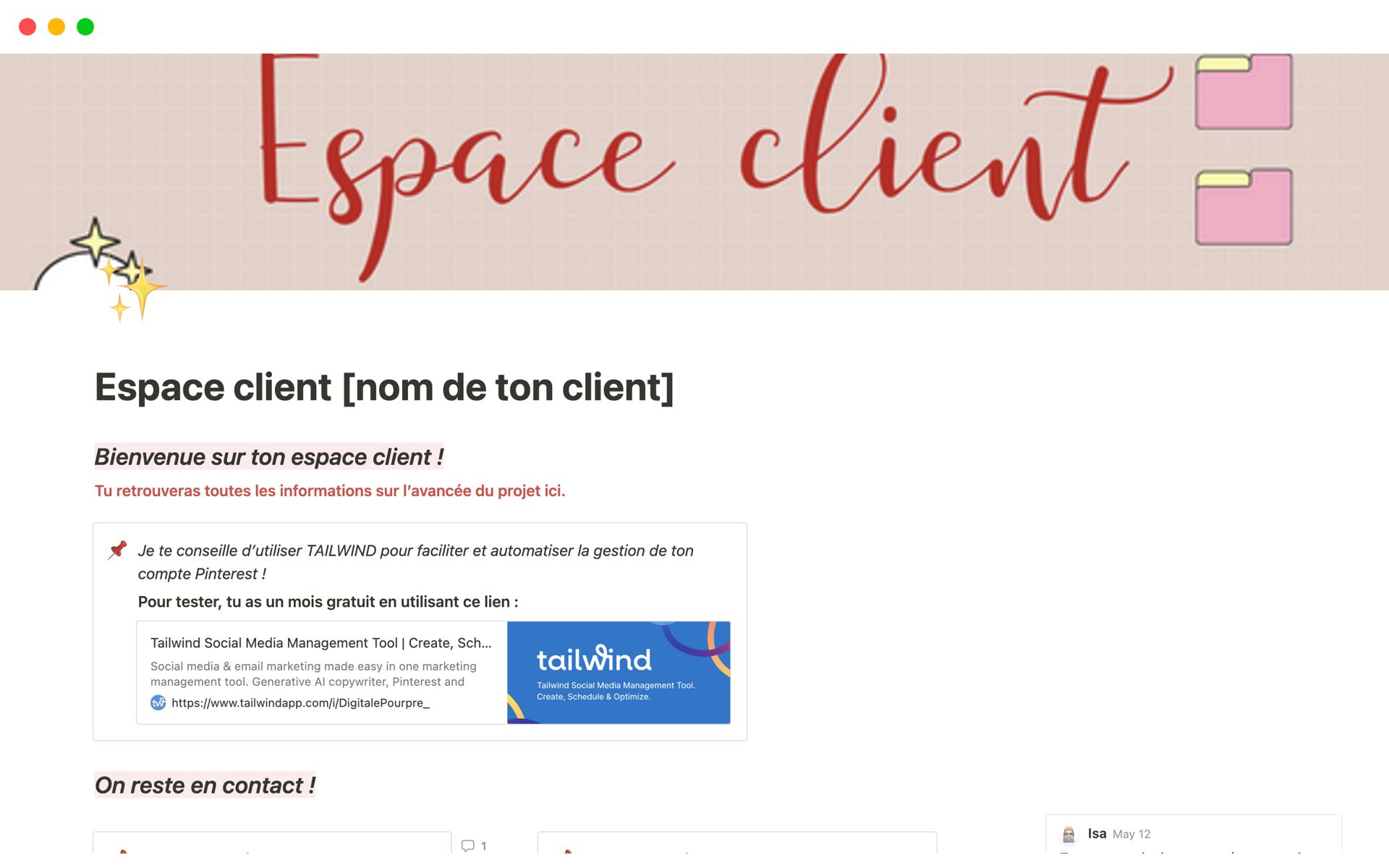 A template preview for Espace client Pinterest