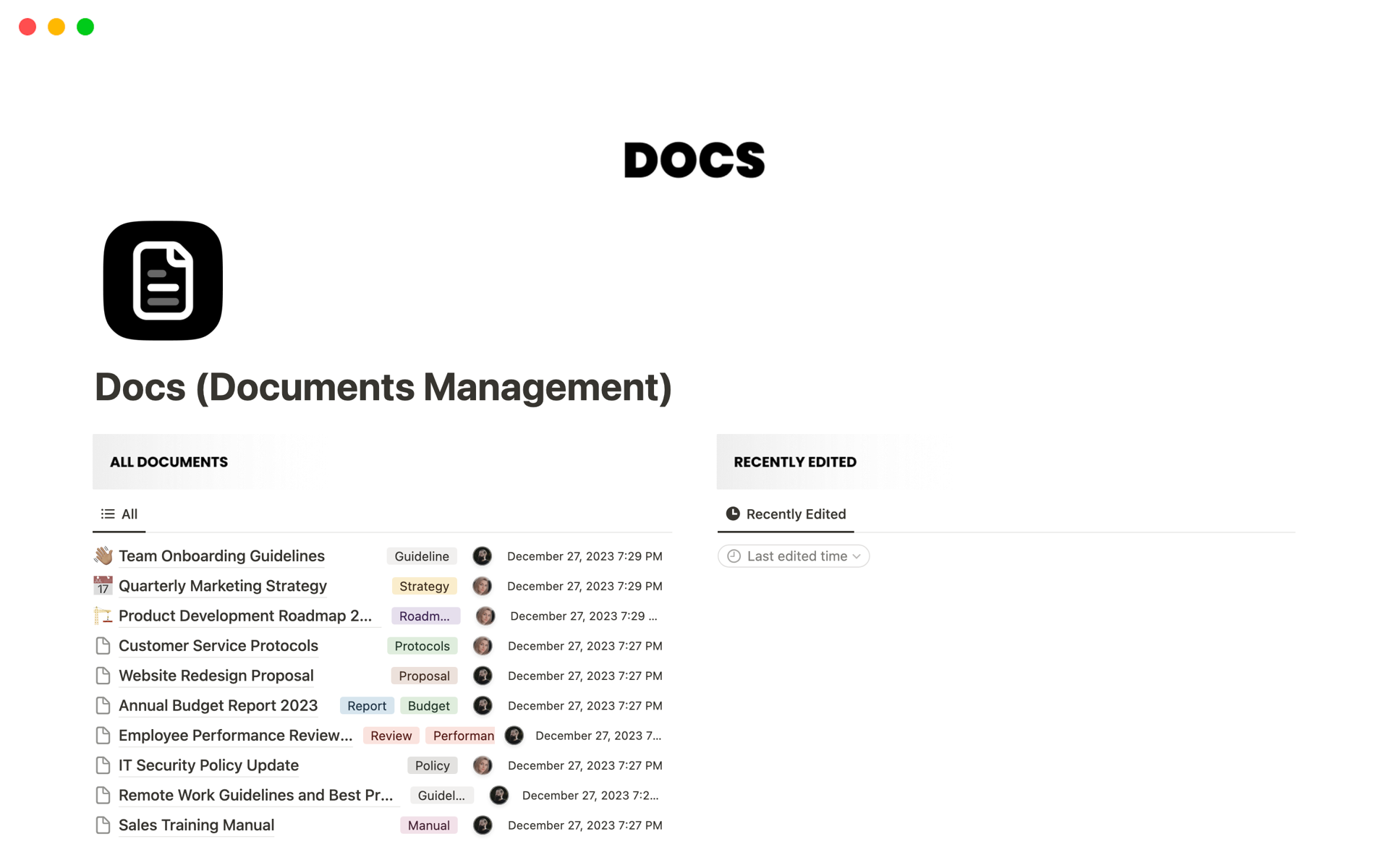 A template preview for Docs (Documents Management)