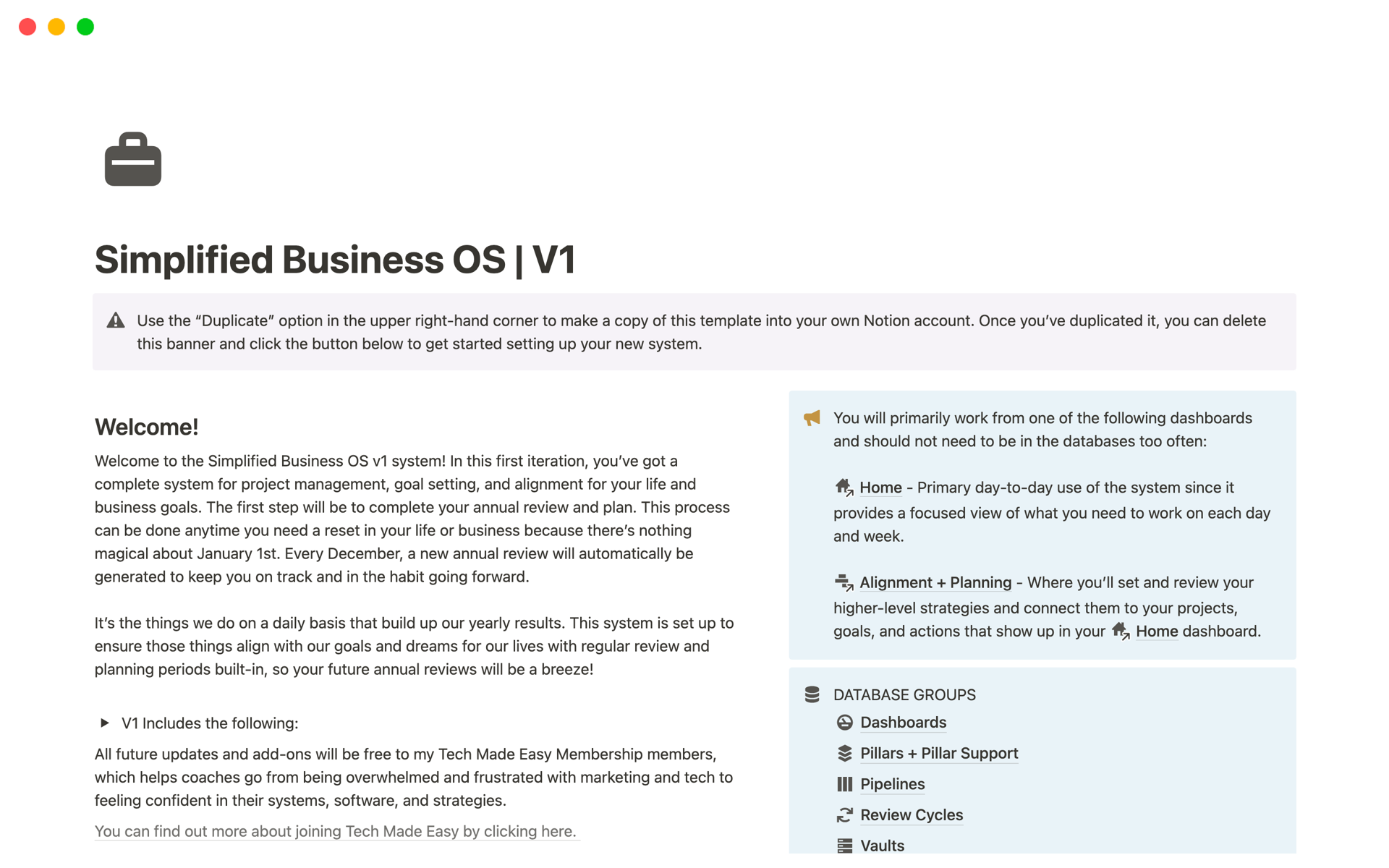 A template preview for Simplified Business OS | V1