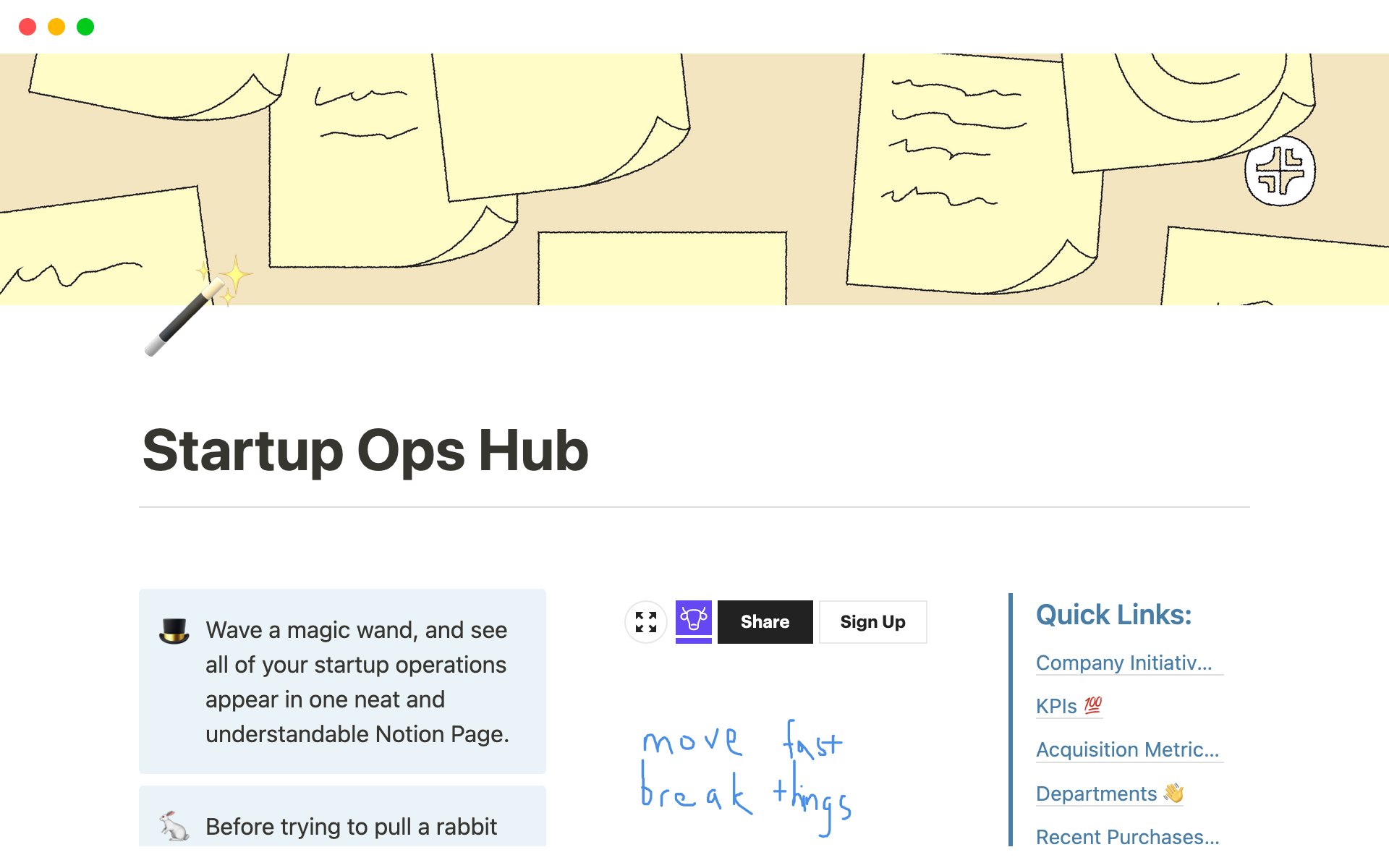 Eine Vorlagenvorschau für Startup Ops Hub