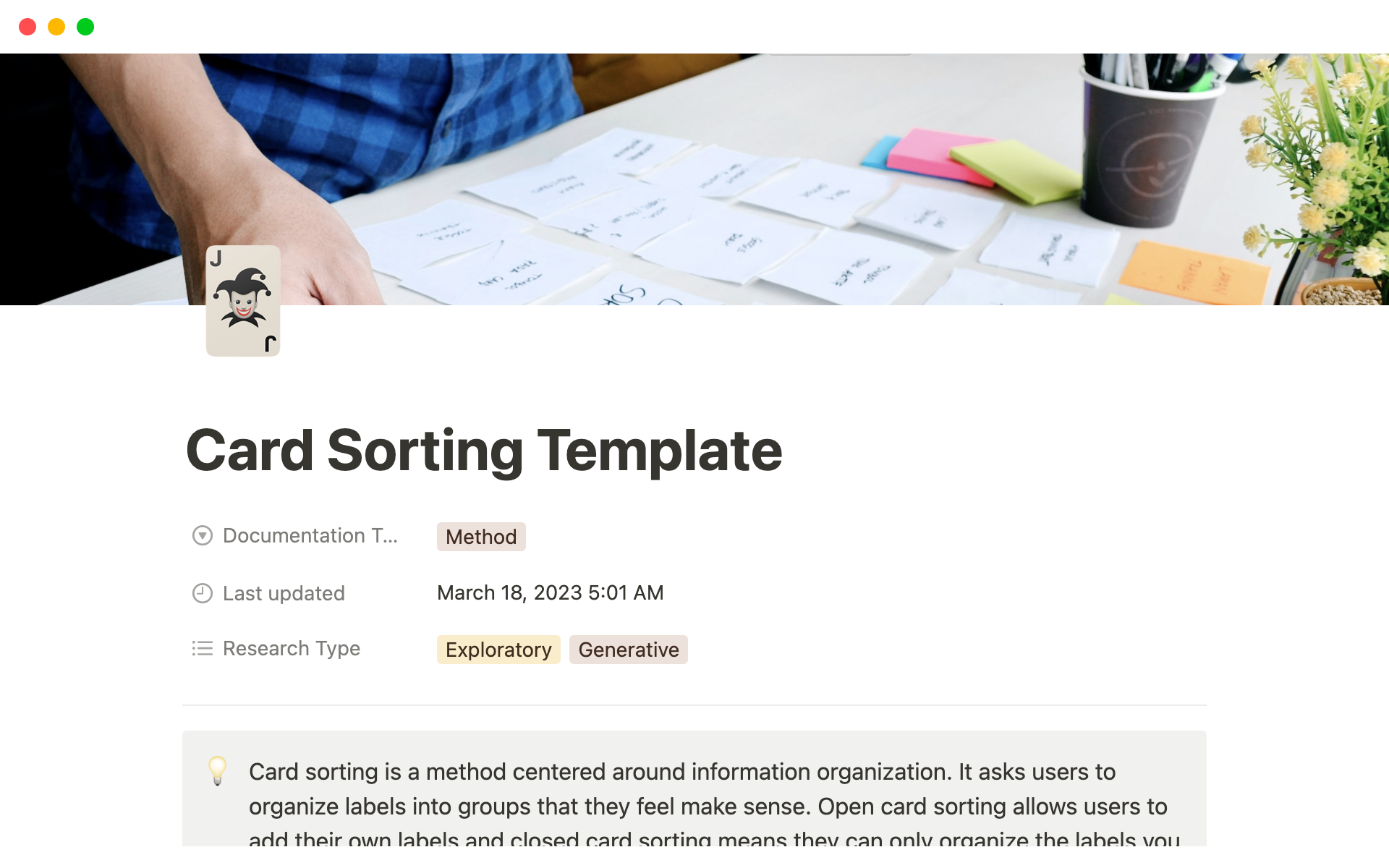 A template for UX Research that helps you plan and organise a card sorting exercise.