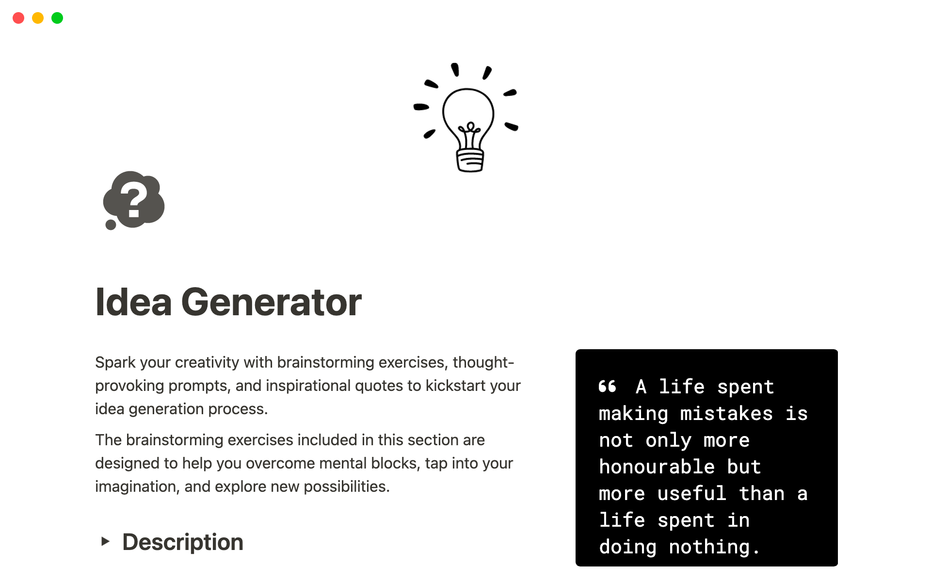 A template preview for Idea Generator
