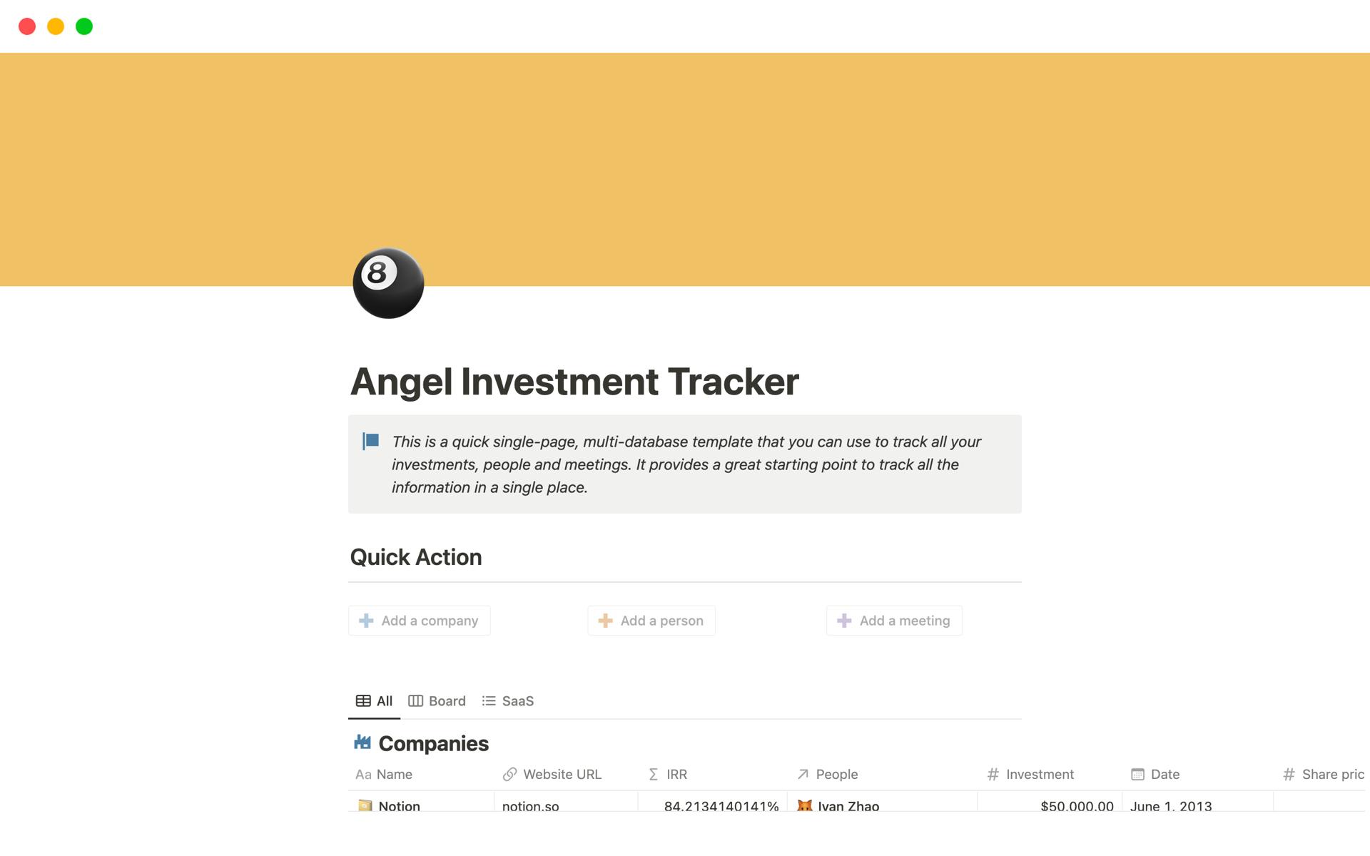 Quick single-page, multi-database template that you can use to track all your investments, people and meetings in one place.