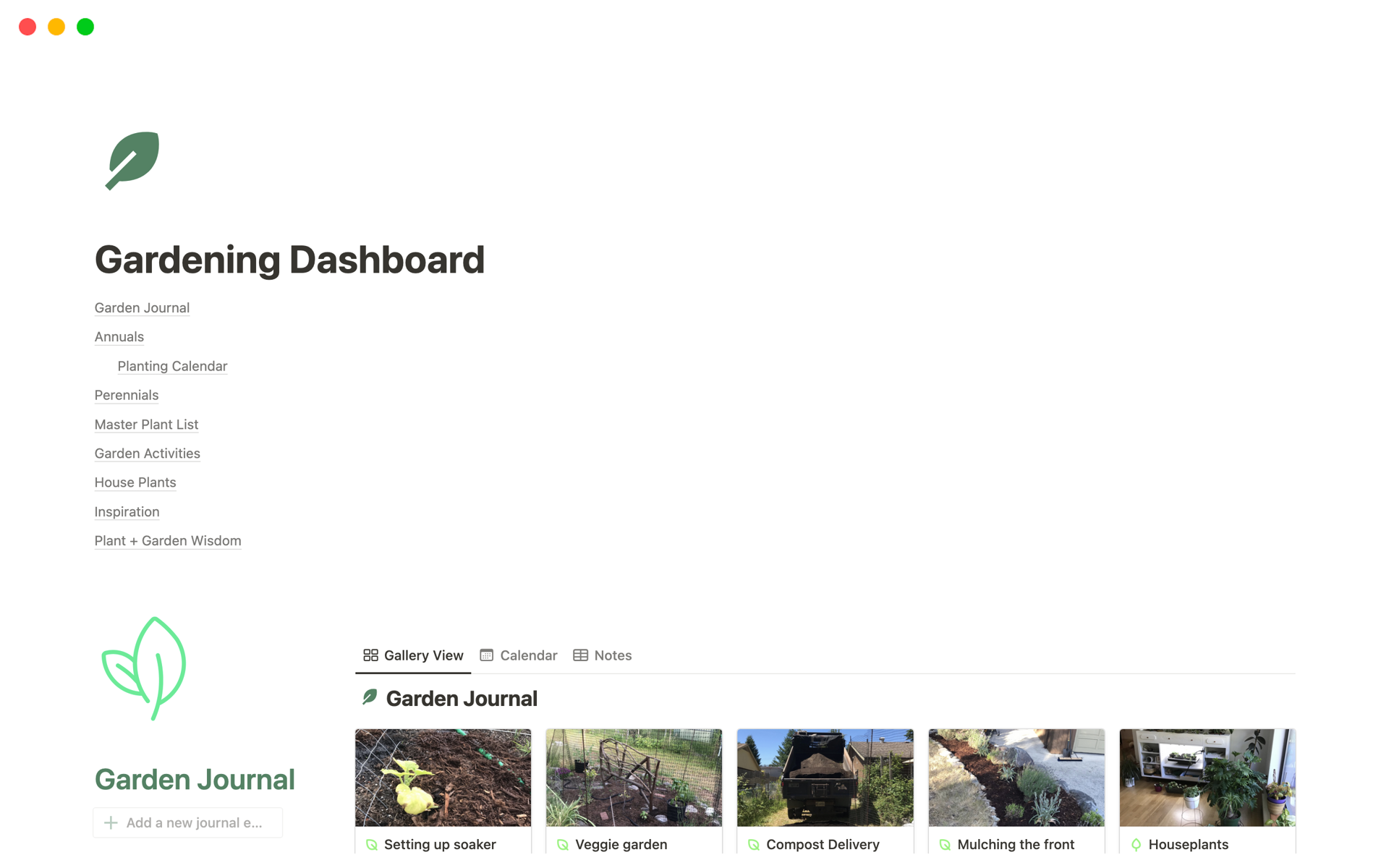 A template preview for Gardening Dashboard