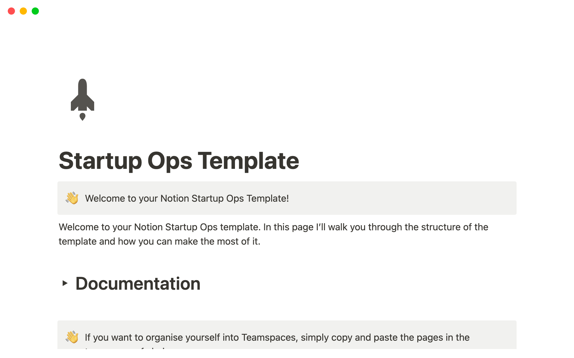 A template preview for Notion Startup Ops