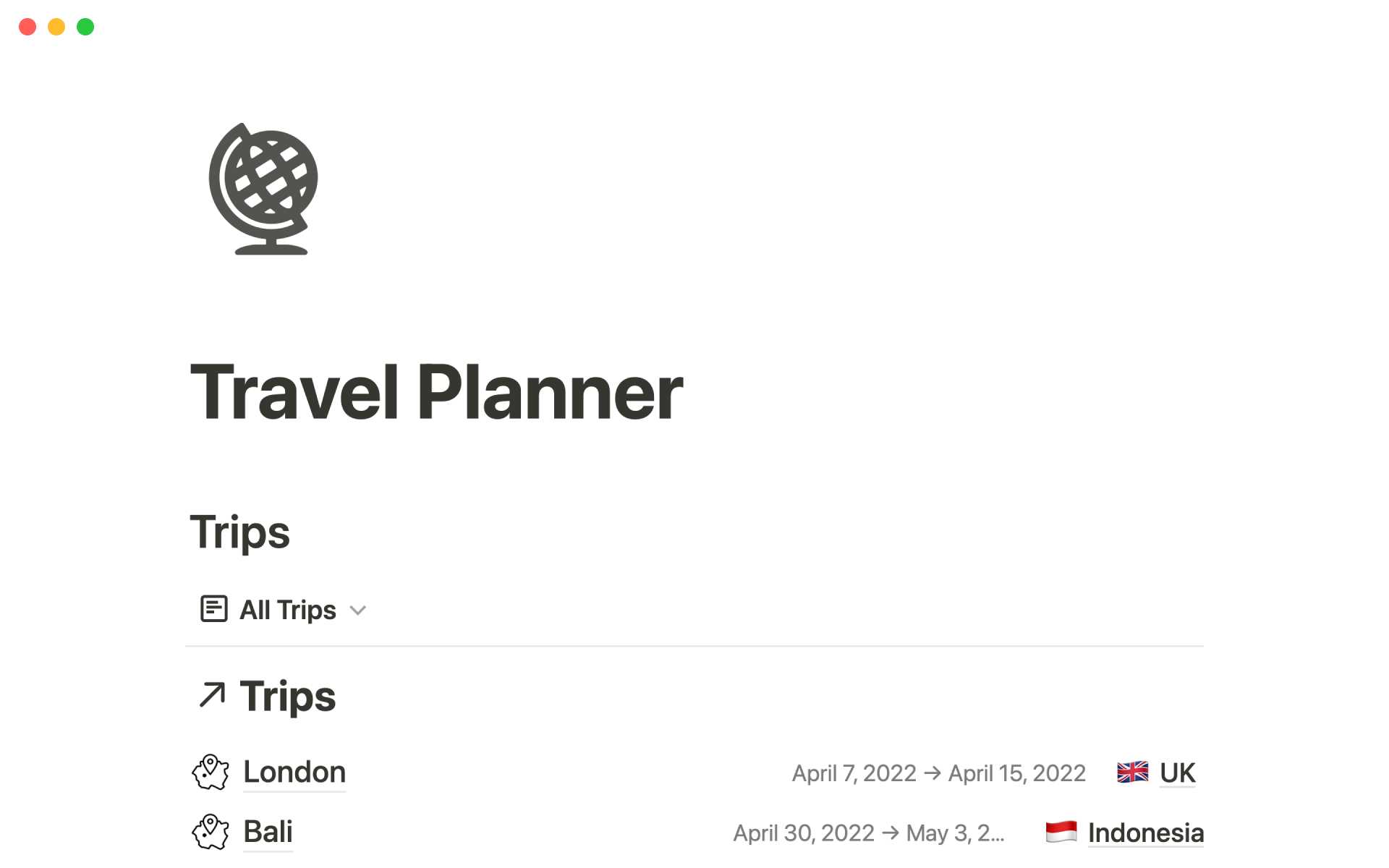 Eine Vorlagenvorschau für Travel planner