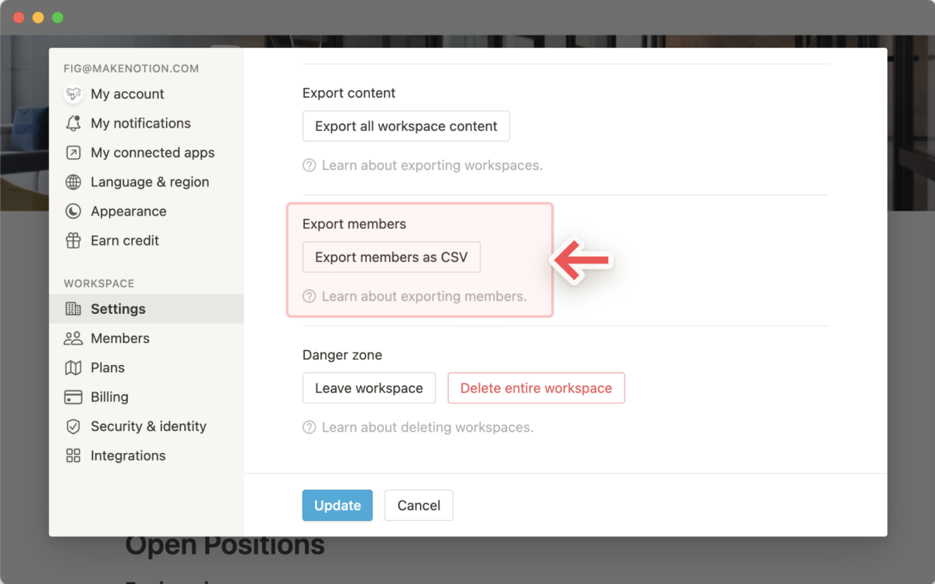 Workspace-Einstellungen – Workspace-Mitglieder exportieren