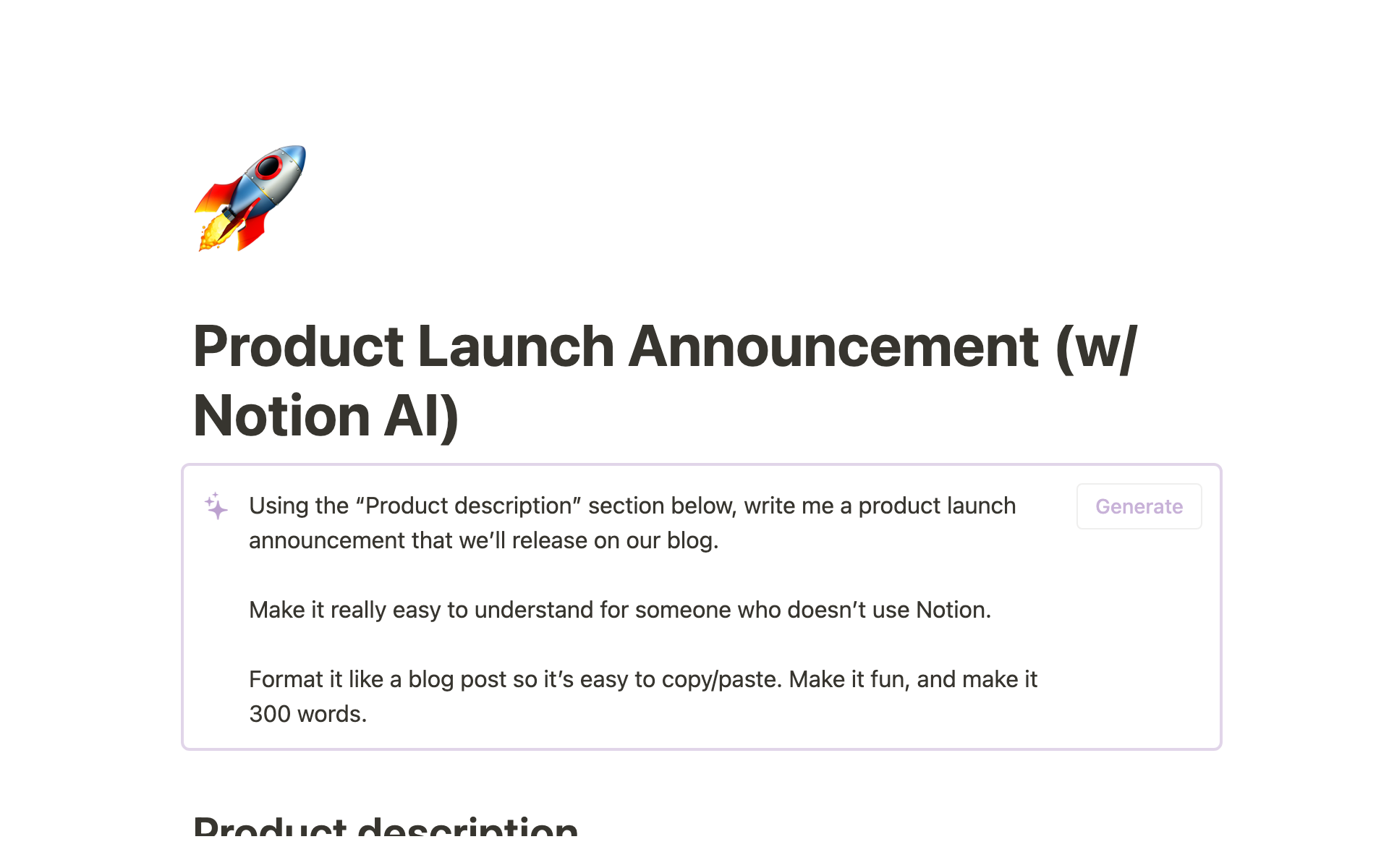 A template preview for Product Launch Announcement (w/ Notion AI)